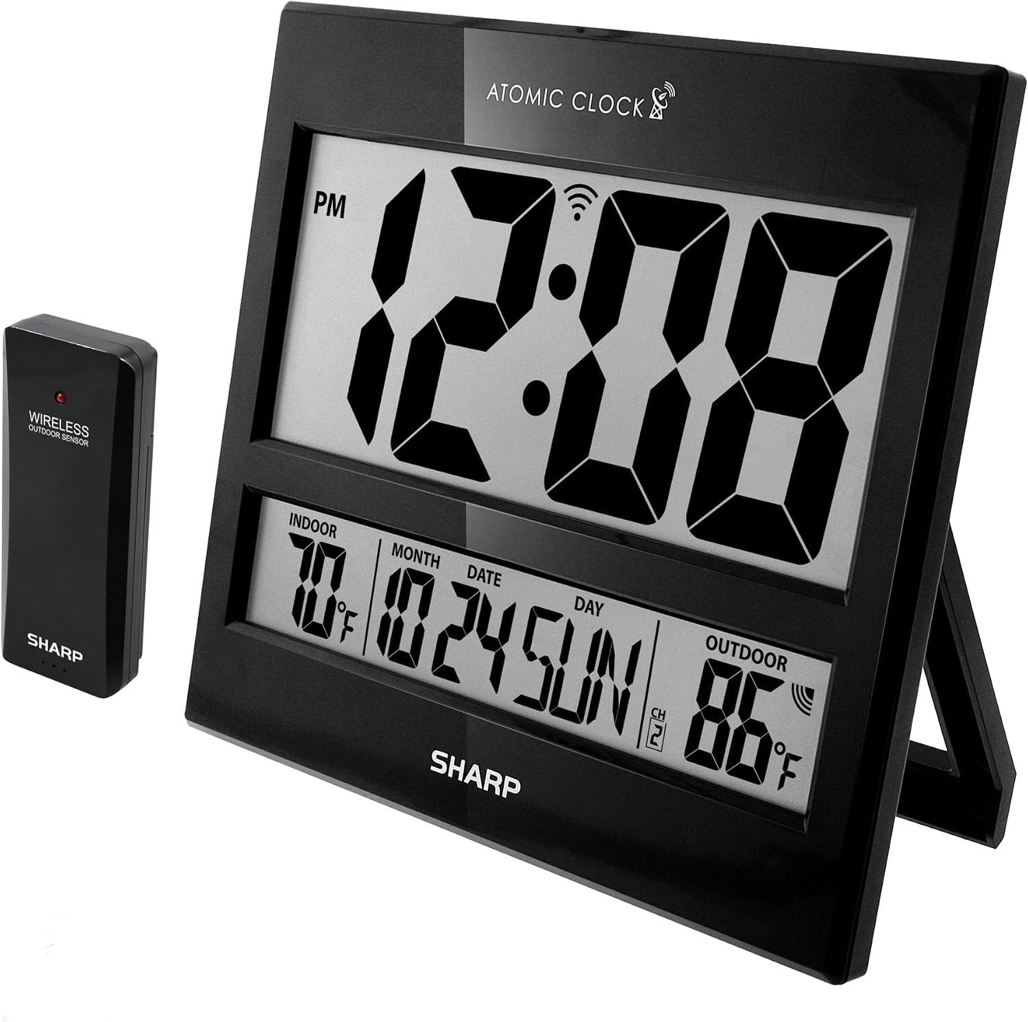Sharp Atomic Digital Wall Clock, 3″ Display, Indoor/Outdoor Temp Sensor | Automatic DST, calendar, weekday, 100-ft wireless range, tabletop stand, battery powered, easy setup, home, office, classroom