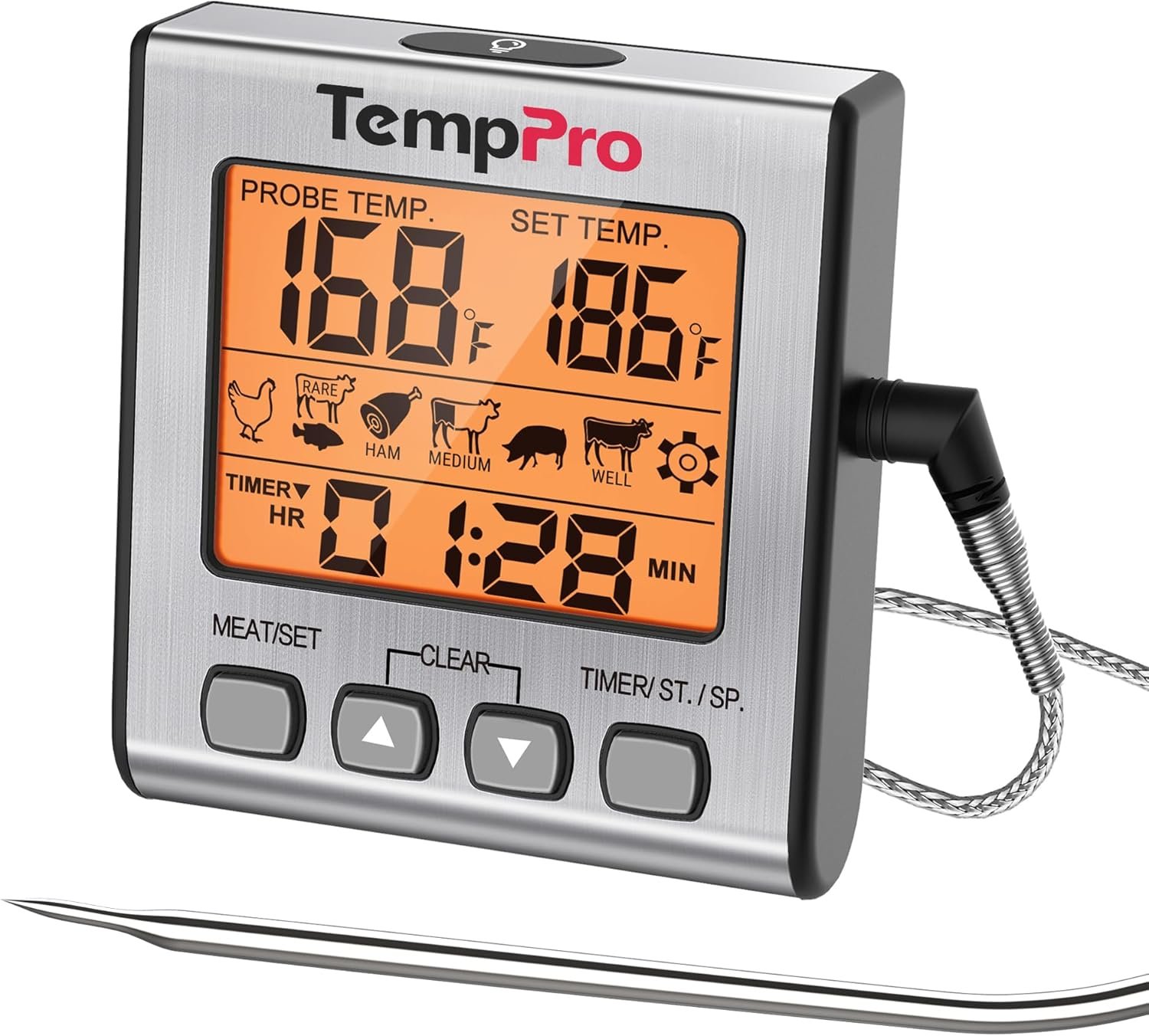 TempPro TempTrack Digital Meat Thermometer for Cooking and Grilling | BBQ Food Thermometer with Backlight and Kitchen Timer, Grill Temperature Probe Thermometer for Smoker, Oven, Baking, Oil