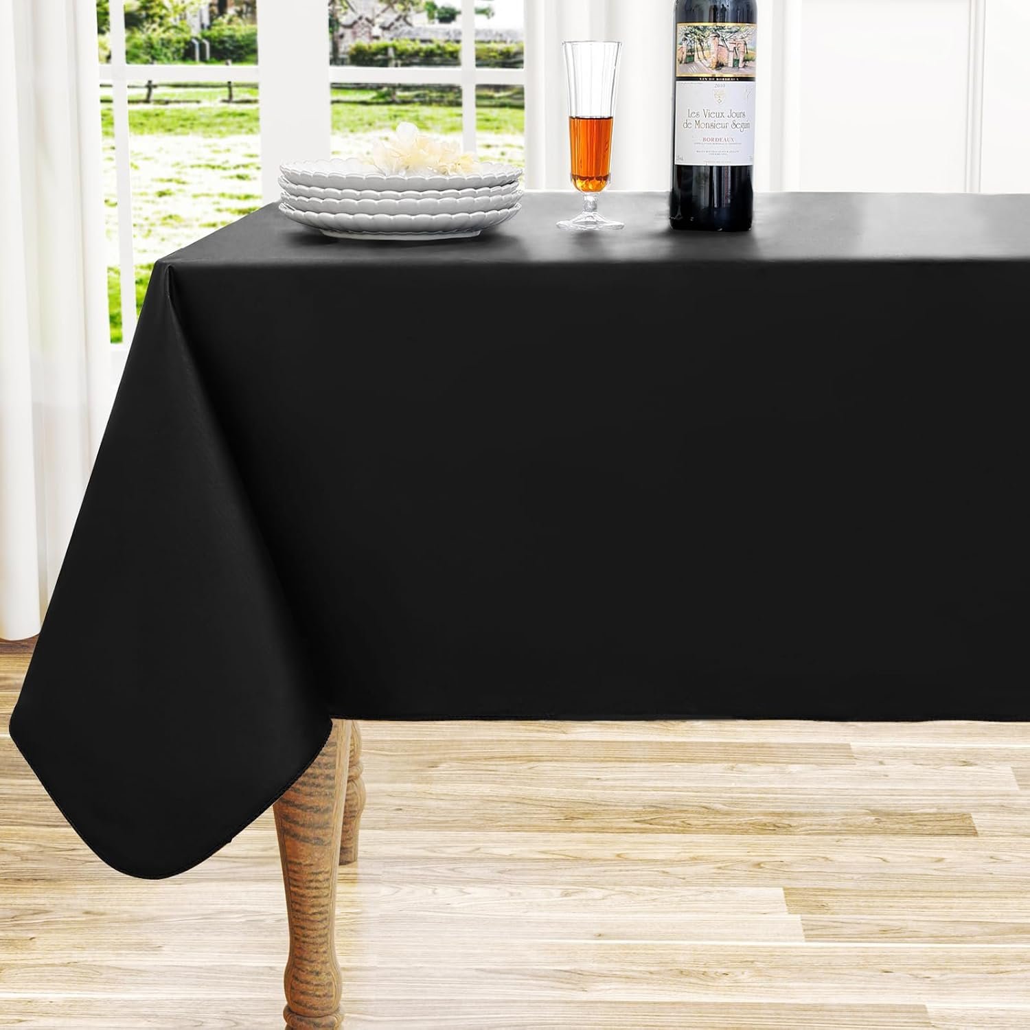 Rectangle Black Vinyl Waterproof Tablecloth with Flannel Backed | Spillproof Wipe Clean Table Cloth, Plastic Flannel Backing for Dining, Buffet Parties Picnic Camping, 60″ x 84″