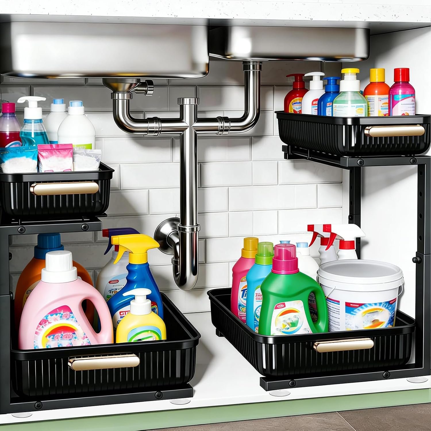 ARSTPEOE Under Sink Organizer – 2 Pack Multi-Purpose Pull-Out Storage Shelf | Slide out Pull out Cabinet Organizer Shelf, Storage for Kitchen Bathroom