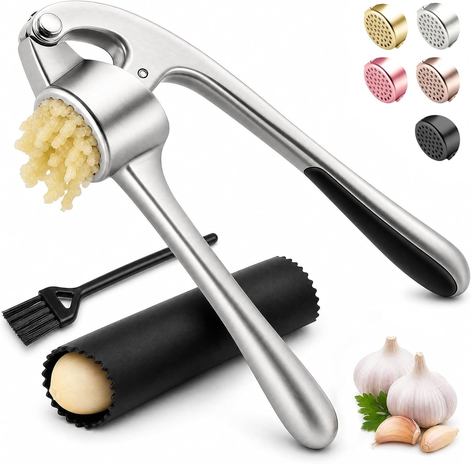 Kitchen Garlic Press, Rust Proof & Dishwasher Safe Garlic Mincer, Durable Garlic Crusher Set with Peeler＆Brush, Easy to Clean and Squeeze, Matte