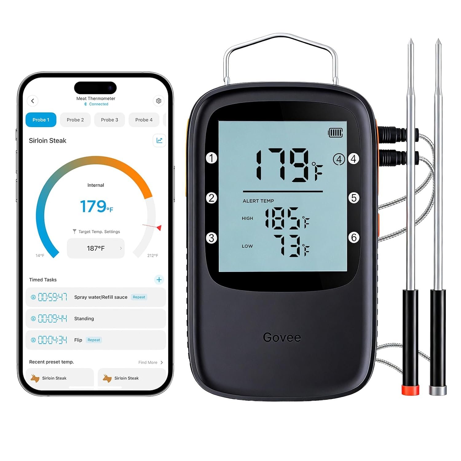 Govee Bluetooth Meat Thermometer Digital with Smart App Timer and Alerts | 2 Probes, 230ft Bluetooth Range, Smart LCD Backlight, Free Data Storage, Grill Thermometer for Cooking Turkey, Beef, Fish