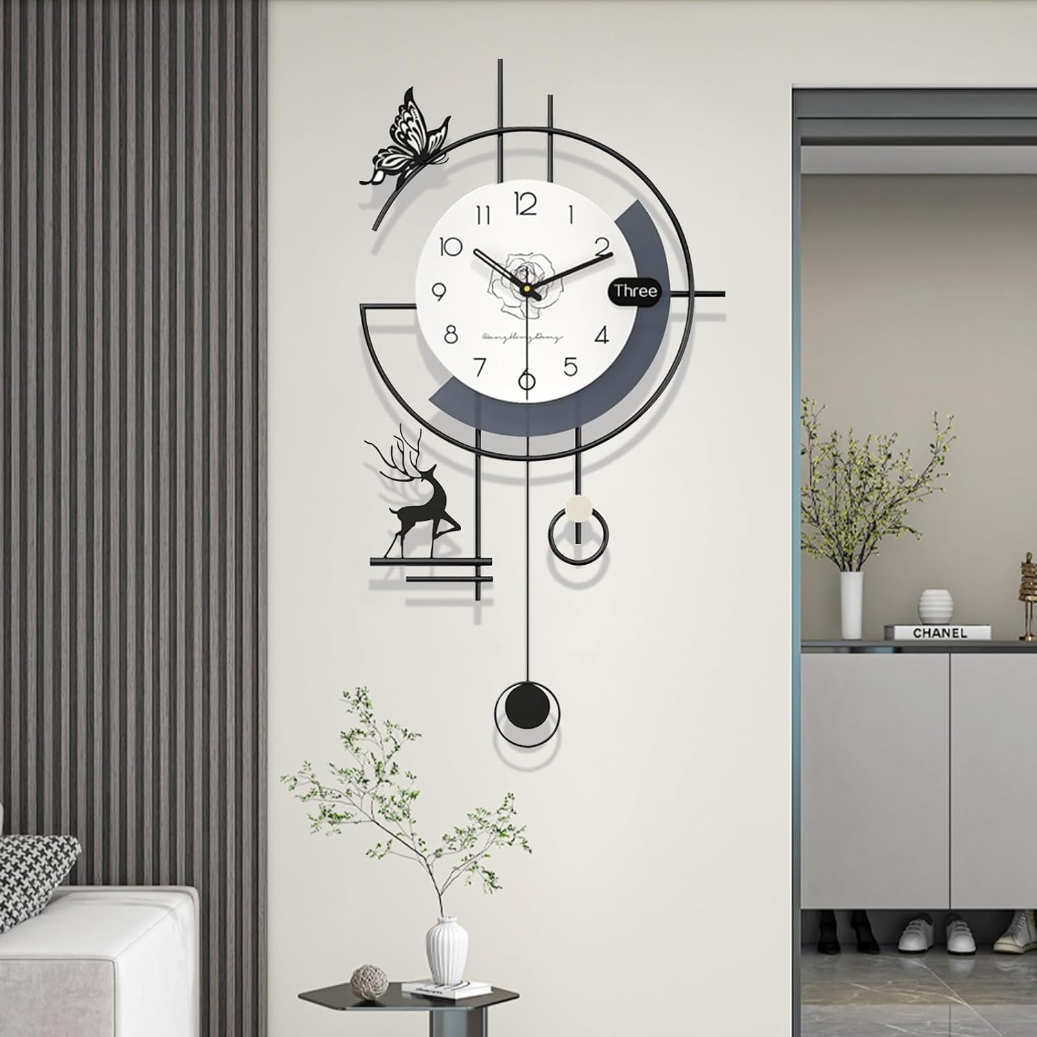 Modern Wall Clock, Large Wall Clocks for Living Room Decor, 3D Silent Clock Wall Decor, Battery Operated, Non Ticking Wall Clock for Bedroom Office Kitchen Decoration (Black White, 15.7X29.5 Inch)