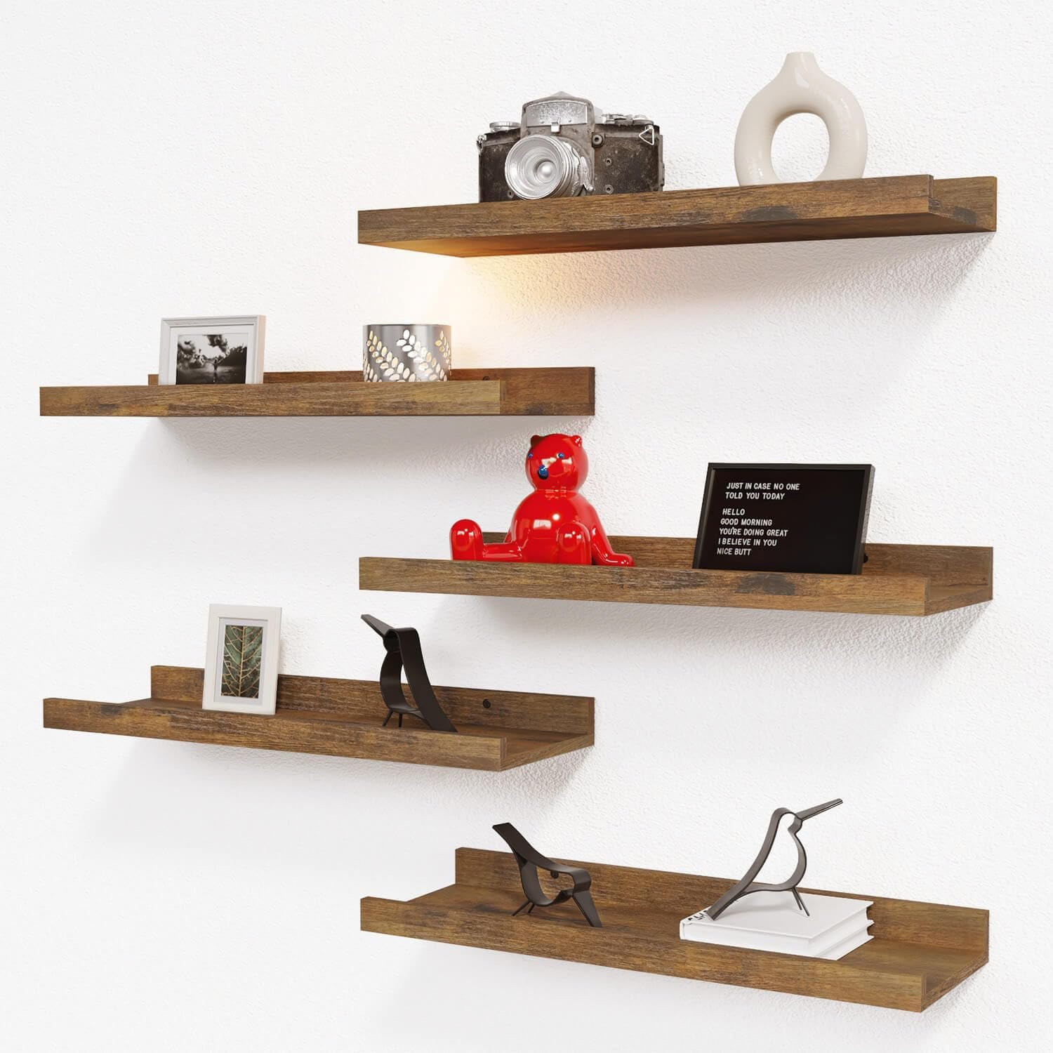 RICHER HOUSE 5-Set Floating Shelves with Lip, Brown Wall Mounted Wood Shelf | Display Picture Ledge Shelf, Anti-drop lip Shelf for Room Wall Decor, Bedroom Bathroom Storage Nursery Books, Easy Setup 16in
