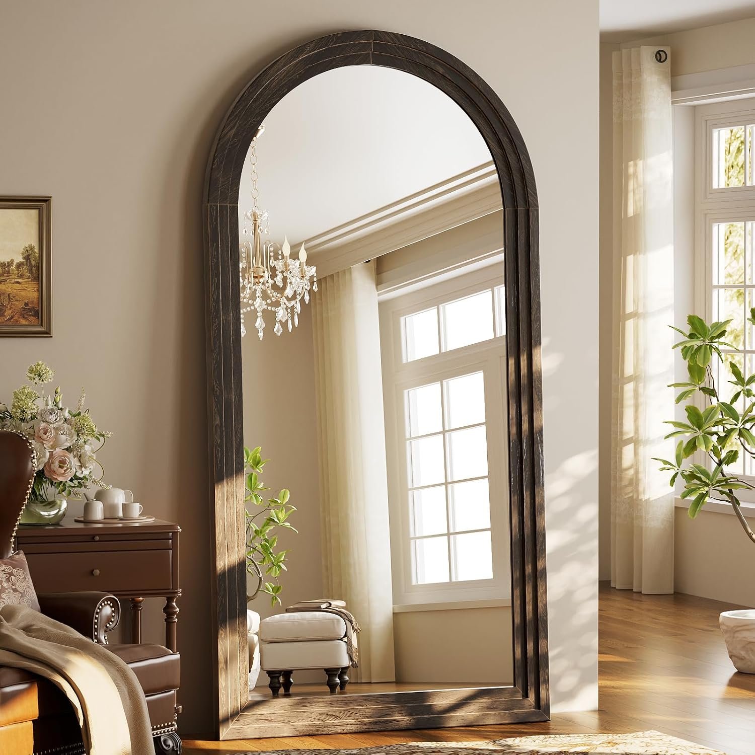 81″x41″ Arched Full Length Mirror with Solid Wood Frame, Brown | Large Farmhouse Floor Mirror with Stand – Wall Mounted, Standing or Leaning for Bedroom, Living Room, Entryway