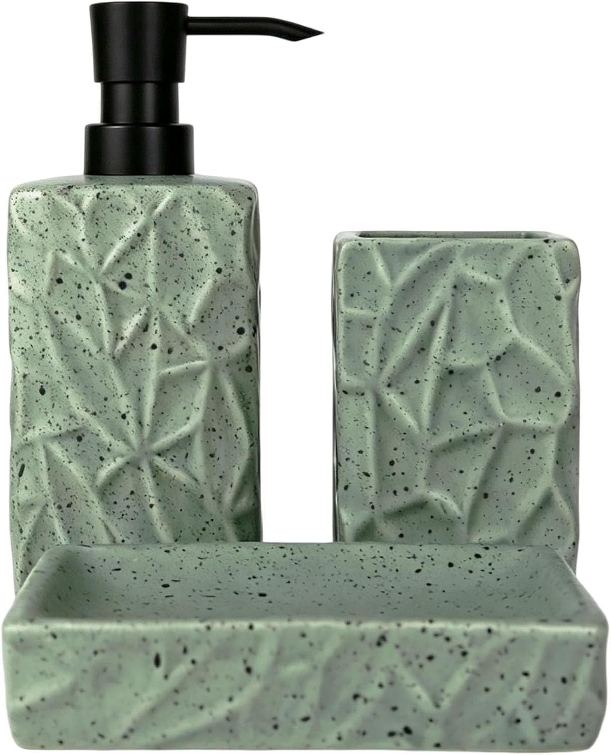 3 Piece Speckled Ceramic Bathroom Accessories Set, Modern Sage Geometric Diamond Shape Bath Decor with Soap Dispenser, Tumbler & Soap Dish Bathroom Home Decor