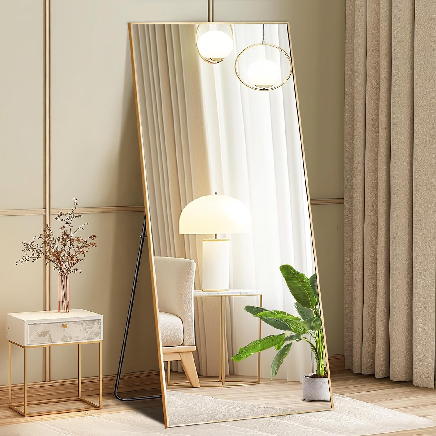 DUMOS 64″x21″ Full Length Mirror with Stand, Full Body Floor Mirror | Free Standing or Wall Mount, Nano Glass Aluminum Frame, Hanging or Leaning, Modern Simple Home Decor, Gold