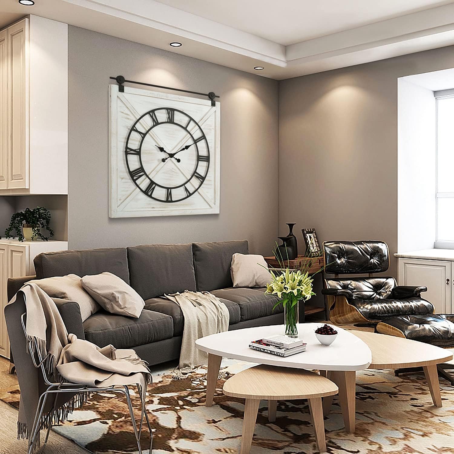 FLORA Large Farmhouse Wall Clock,Rustic Barn Door Wall Clocks for Living Room Decor, Battery Operated 29.5″ H x 27″ W, Whitewash | Rustic Barn Door Wall Clocks for Living Room Decor, Battery Operated 29.5″ H x 27″ W, Whitewash