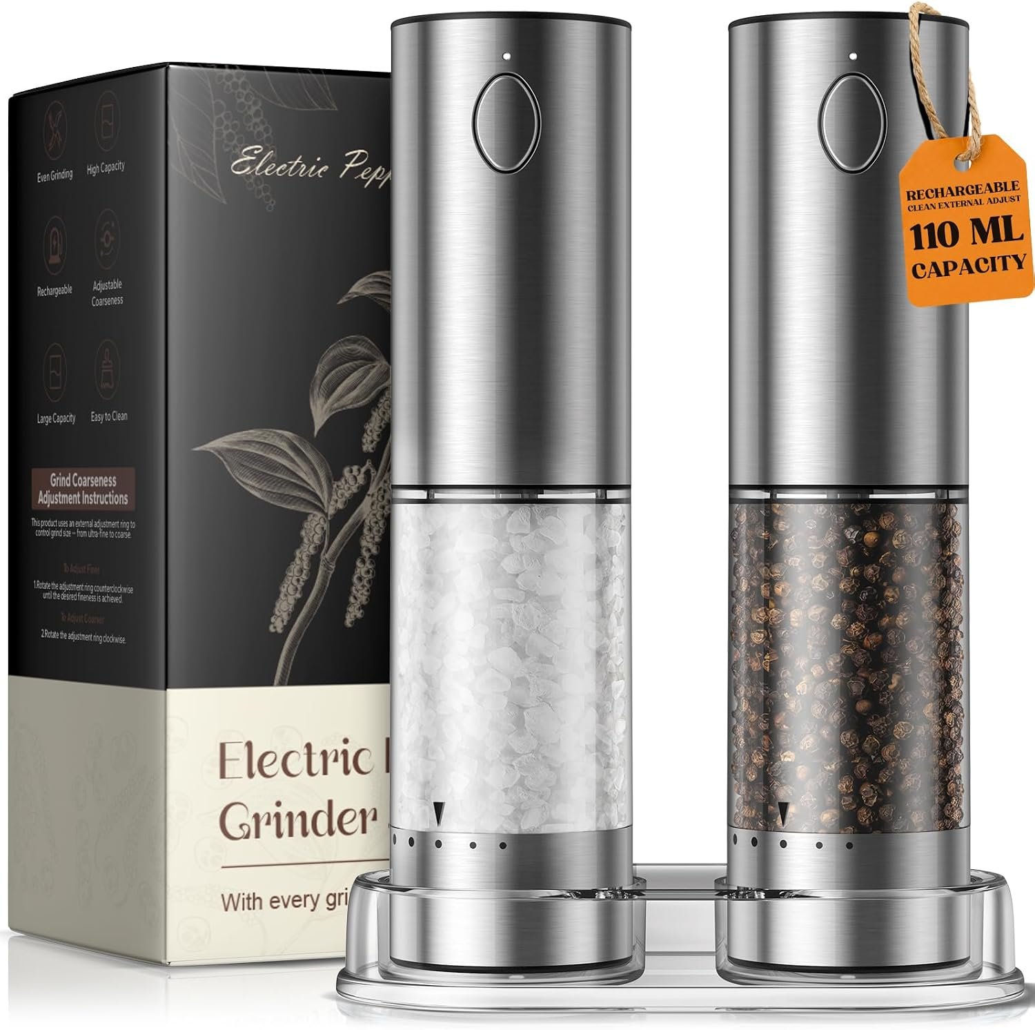 Electric Salt and Pepper Grinder Set, Rechargeable Automatic Salt and Pepper Shaker with 6 Adjustable Coarseness, Large-Capacity Pepper Mill Kitchen Appliances Gifts for Women Men(Steel)