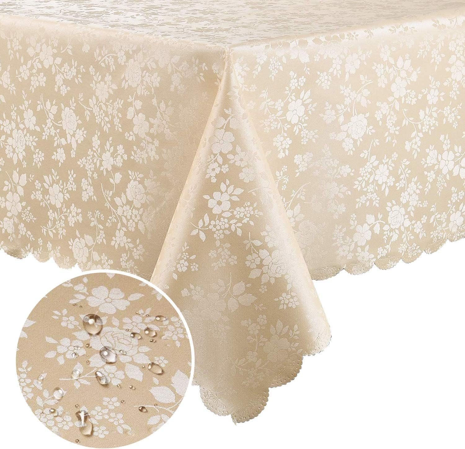 Smiry Rectangle Waterproof Heavy Duty Vinyl Tablecloths, 60 x 84 Inch | Wipeable Washable Floral Embossed Table Cover for Kitchen and Dining Room, Indoor & Outdoor Use, Beige