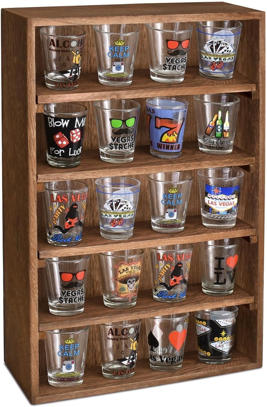 Ikee Design Wooden Wall-Mounted Display Shelves Rack for Collectibles-Figures,Shot Glasses,Spice Can,Cosmetics or Perfume-5 Adjustable Height Shelves,Space-Saving- Brown Color | Wall-mountable wood display rack with 5 adjustable shelves for figurines, action figures and collectibles.