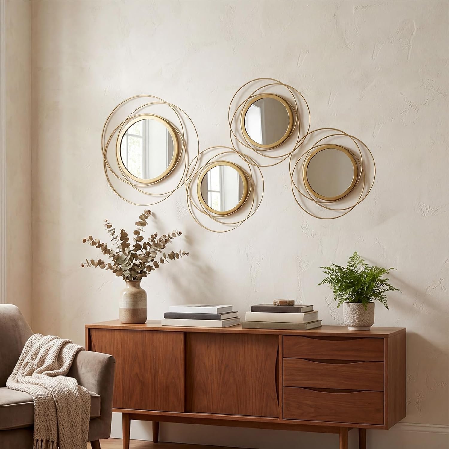 4 Piece Gold Round Wall Mirror Set Modern Metal Circle Home Decor for Living Room Bedroom Entryway 11/9 in Decorative Mirrors Minimalist Wall Art for Home