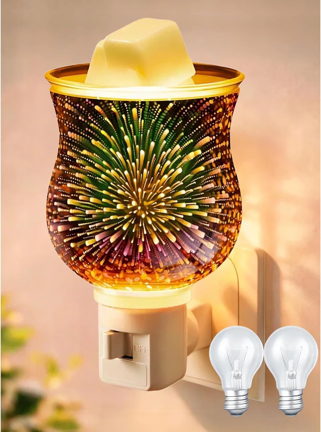 Wax Melt Warmer, Plug in Wax Warmer for Scented Wax & Fragrance Oil, 3D Glass Wax Melter with Spare Bulb, Scentsy Night Light for Home Decor & Gift（Fireworks）