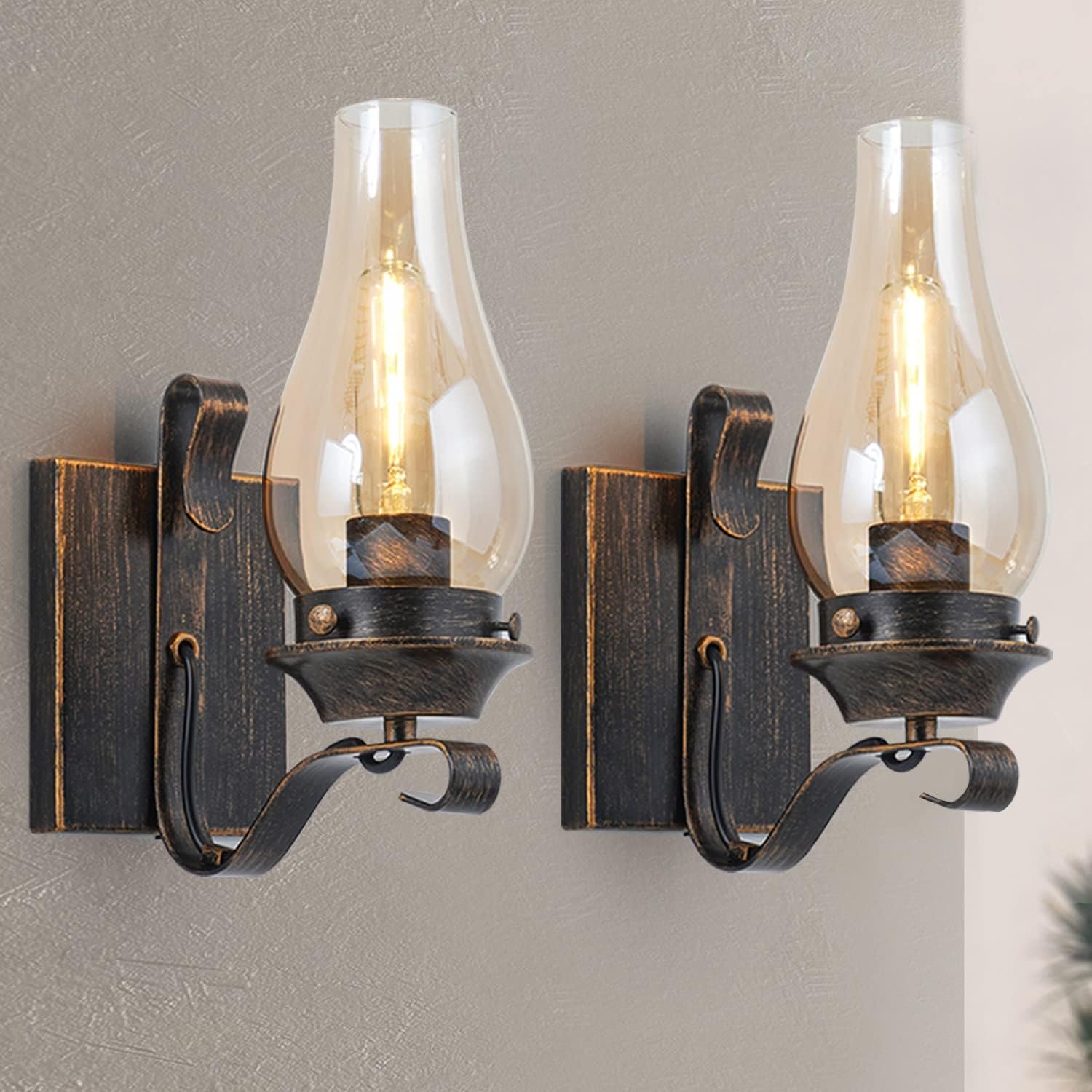 Yisuro Wall Sconces Sets of 2, Oil Rubbed Bronze Hardwired Wall Sconce Indoor, Retro Rustic Wall Lamps with Amber Glass,Vintage Bedside Sconces Wall Lighting for Living Room Bathroom