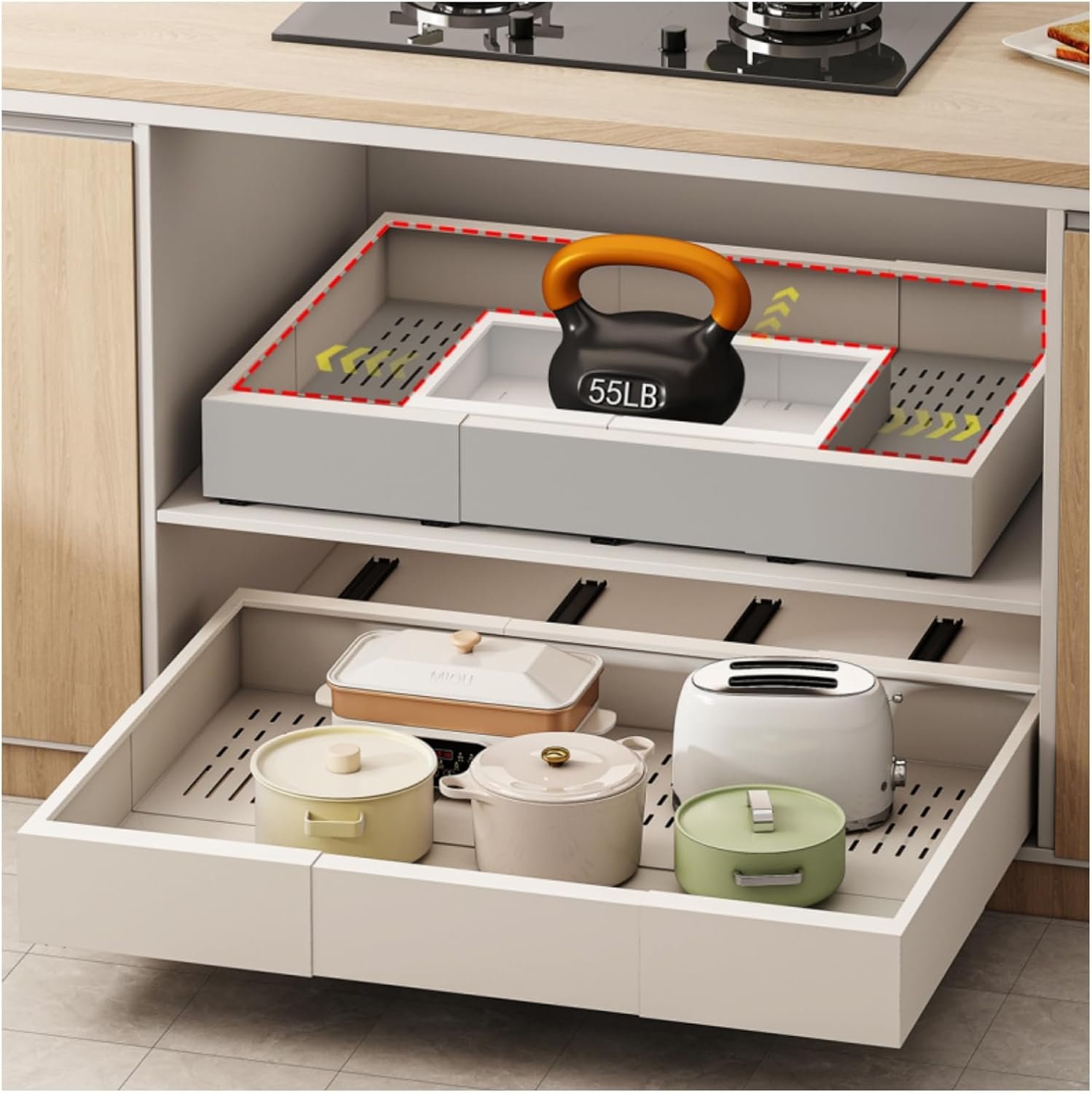 Fokyfok Pull Out Cabinet Organizer,23″-31″W,17″-24″D,Expandable,Adhesive | No Drill,5 Rails,Adjustable Slide out Drawers for Kitchen,Pantry,Roll out Shelves,Cabinets Without Lip,Framless,White,1PC
