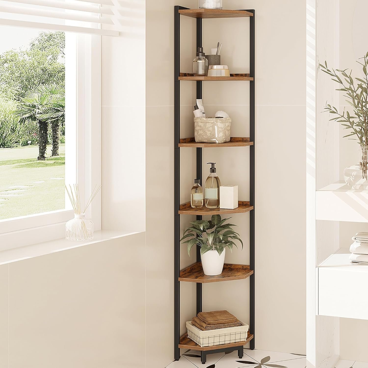 Hzuaneri Corner Shelf Stand, Corner Bookshelf with Metal Frame | Storage Standing Shelf Unit Plant Stand, Bookcase for Living Room, Home Office, Bedroom, 6-Tier Rustic Brown CS06001B