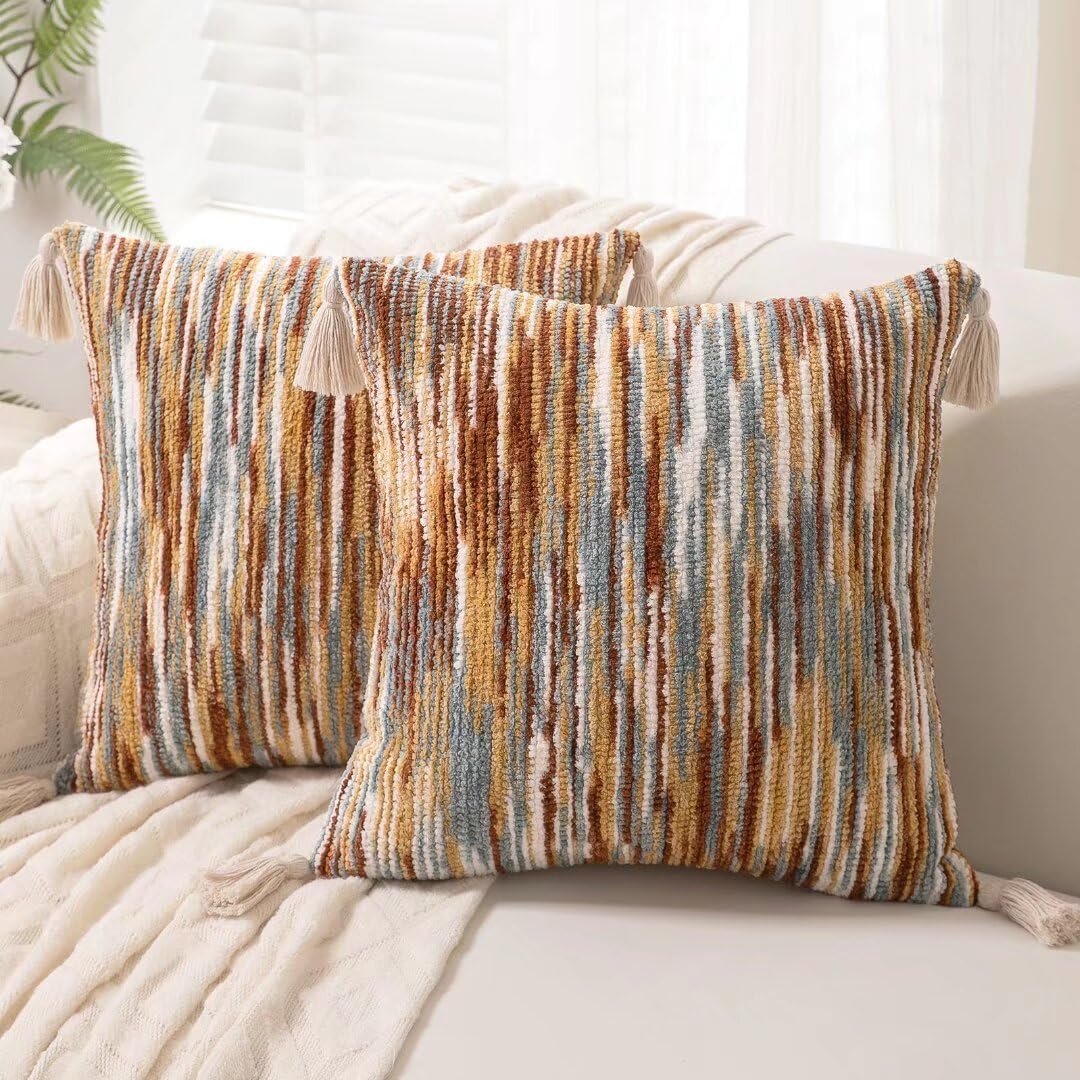 Boho Throw Pillow Covers Tufted Farmhouse Pillowcase with Tassels | 18×18 Set of 2 Decorative Pillows Cover Woven Textured Striped Cushion Case Neutral Pillow Cases for Sofa Couch Bed,Rust