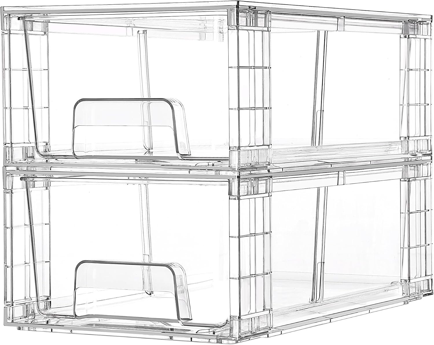 Vtopmart 2 Pack Stackable Clear Drawer with Dividers | Clear Drawer Organizers with Removable Dividers for Flexible storage. Stackable, Non-slip, for Fridge, Under Sink & Bthroom