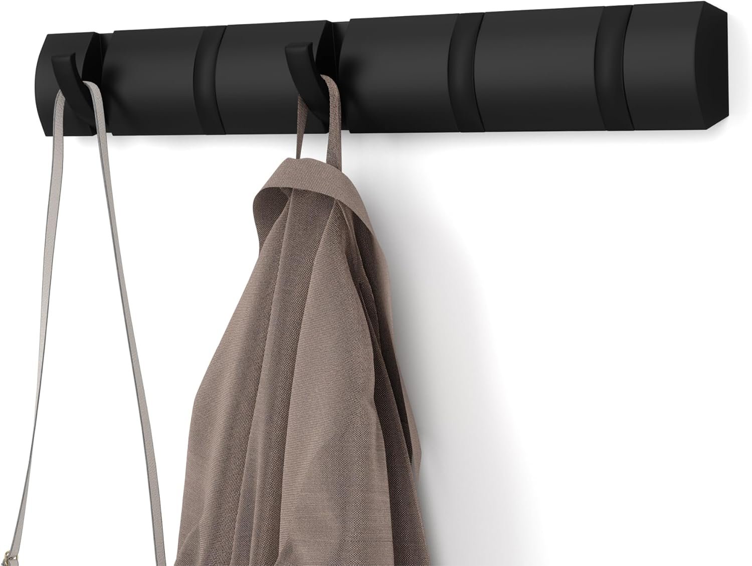 Umbra Flip Coat Rack, Wall Mounted 5-Hook Space Saving, Black/Black | Real wood and steel build, retractable hooks fold flat, holds coats bags and scarves, easy install