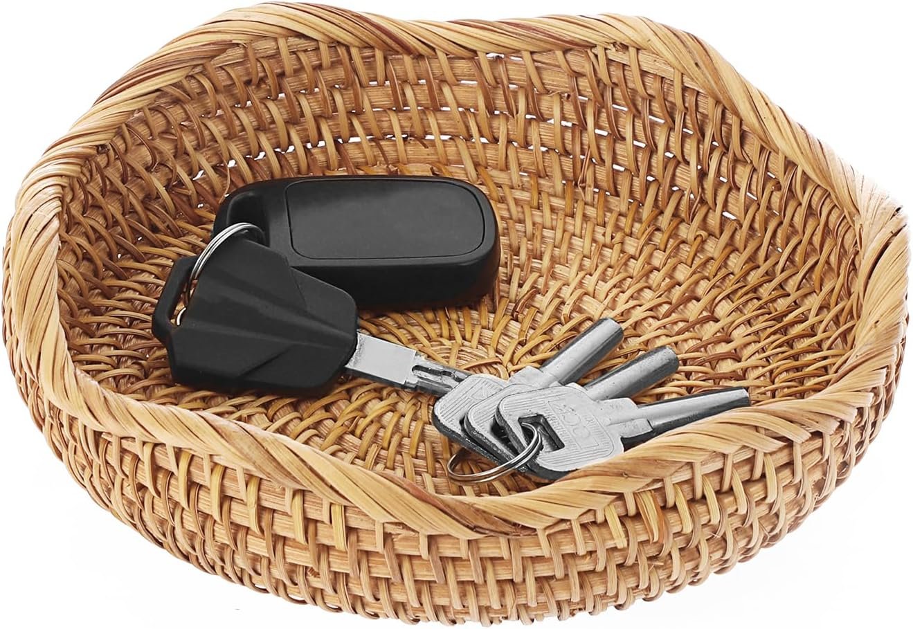 Hipiwe Round Key Basket Bowl for Entryway 7.3″ Small Rattan Serving Tray | Natural Fruit Bowl Woven Wicker Basket Organizer Tray Decorative Baskets for Kitchen Counter Bedside Living Room