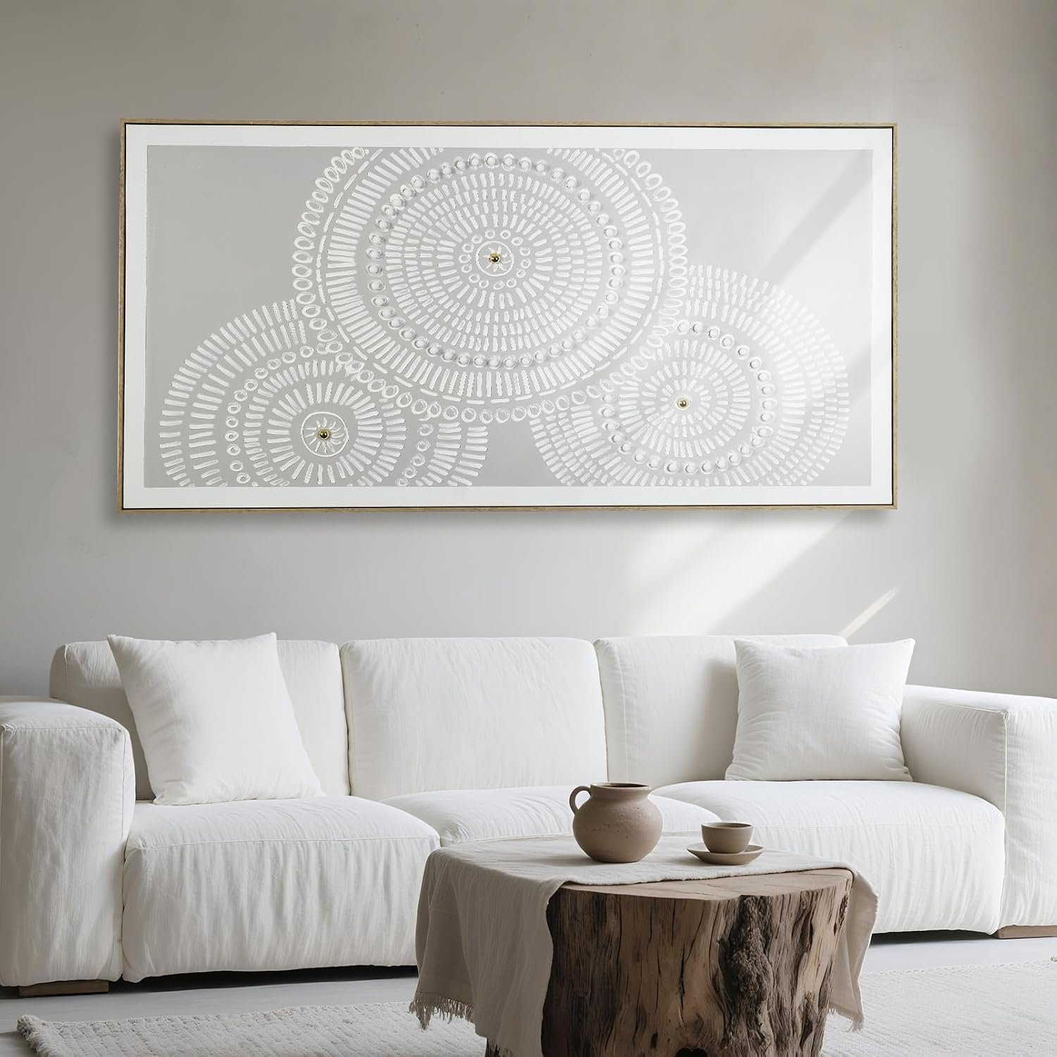 Large Abstract Boho Wall Art 29″x58″, Handmade 3D Textured Gray White Canvas Painting, Framed Modern Oversized Wall Decor for Living Room Bedroom Office, Ready to Hang with No-Damage Mounting Kit
