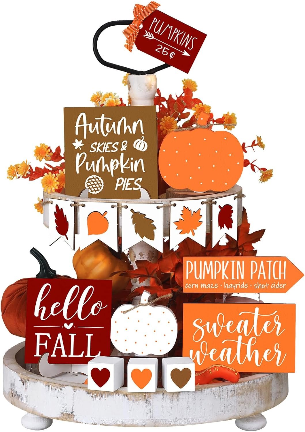 Sumind 15 Pcs Fall Decorations for Home Fall Tiered Tray Decor Set,Autumn | Maple Leaves Pumpkin Wooden Signs, Thanksgiving Table Signs, Rustic Farmhouse Tabletop Centerpieces, Autumn Harvest Decor