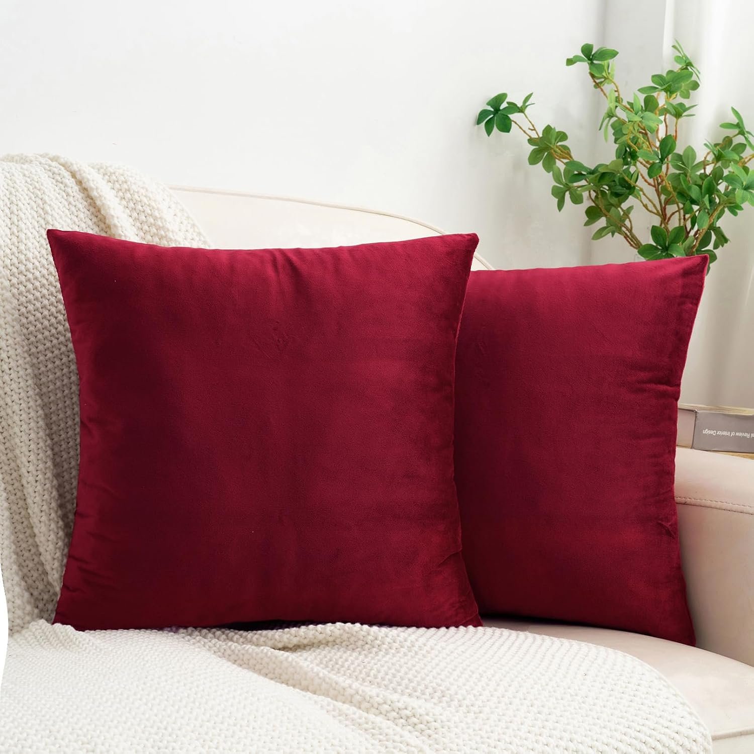 HWY 50 Burgundy Red Velvet Throw Pillow Covers 18×18 Inch, Pack of 2 Soft Cozy Solid Decorative Luxury Cushion Cases for Couch Sofa Bed Living Room Bedroom