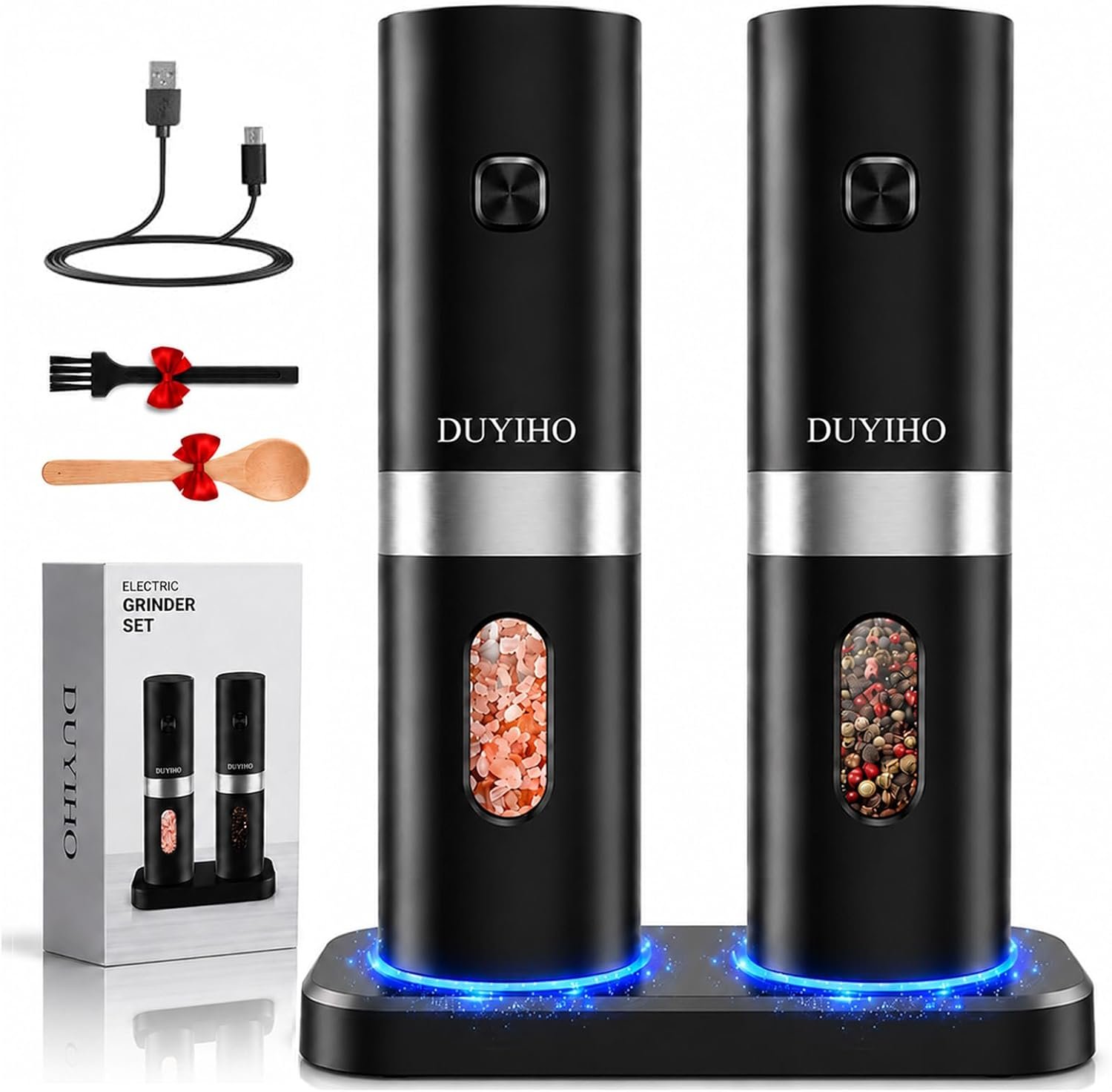 Rechargeable Electric Salt and Pepper Grinder Set with Double Charging Base | Support Battery Operated, Adjustable Coarseness, LED Light, Refillable Automatic Pepper Shaker, Easy to Operate, Black