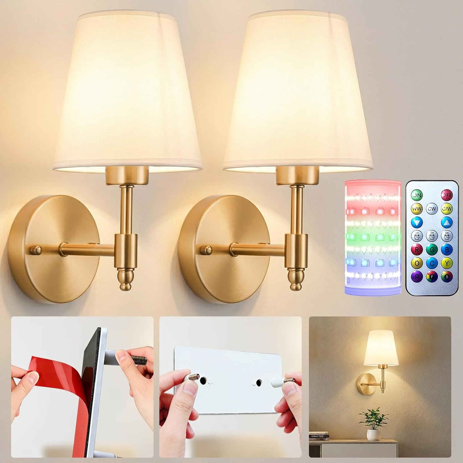 Nekhung Battery Operated Wall Sconce, Peel and Stick Sconces Set of 2 | Wireless Adhesive Stick On Wall Sconce, 10000mAh Rechargeable RGB Bulb with Remote, No Drill Wall Light for Bedroom Decor
