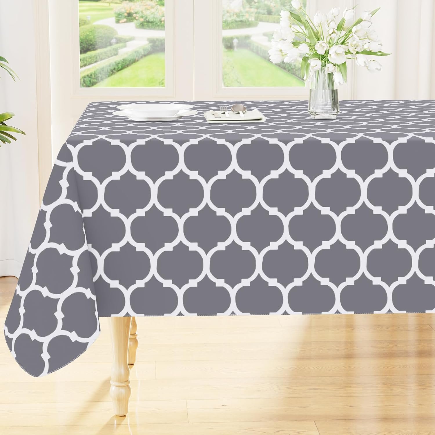 Smiry Rectangle Table Cloth, Waterproof Vinyl Tablecloths with Flannel Backing for Rectangle Tables, Wipeable Spillproof Plastic Tablecloth for Dining, Camping, Indoor and Outdoor (60″x84″, Grey)