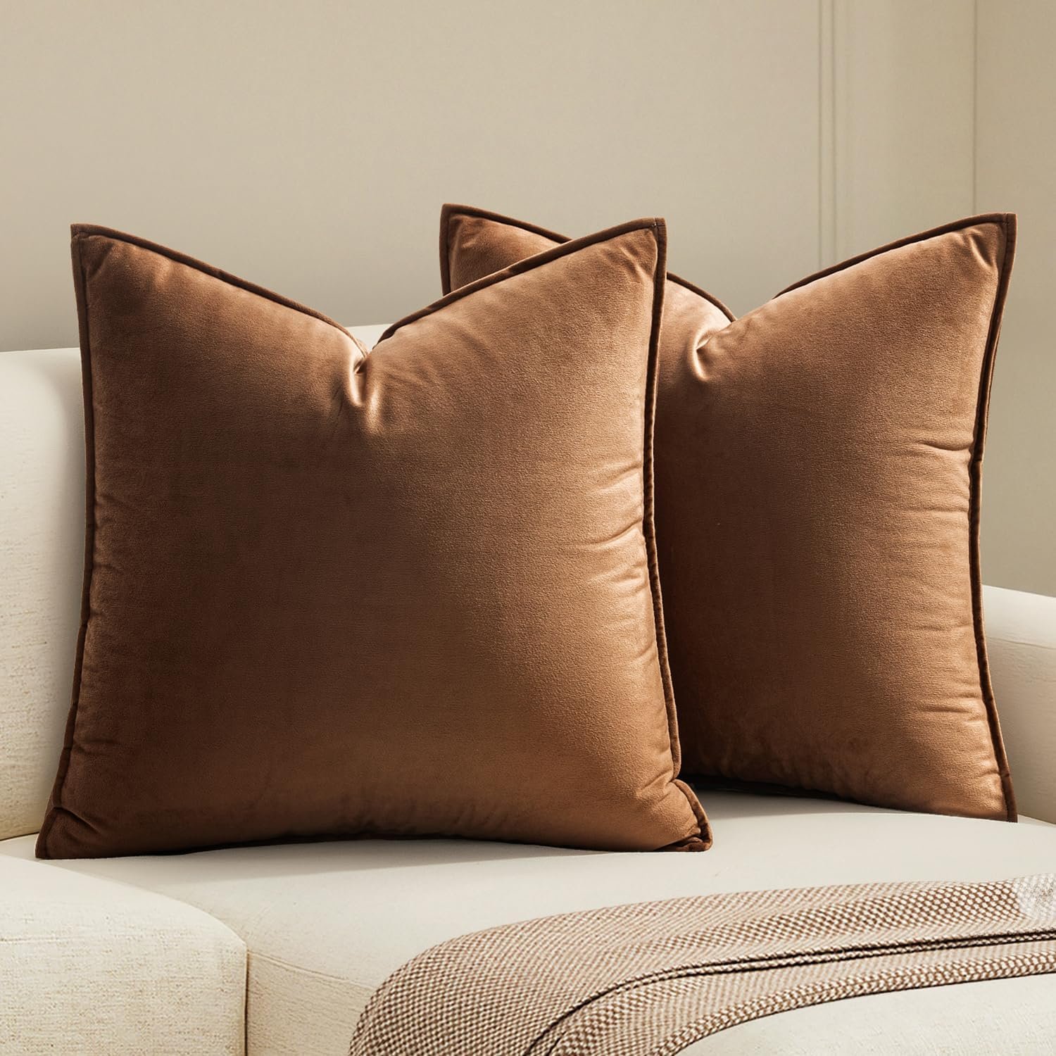 MIULEE Decorative Brown Velvet Throw Pillow Covers for Couch 20×20 Inch | 2 Pack, Soft Solid Square Pillow Covers, Modern Luxury Home Decor, For Sofa Bed Living Room