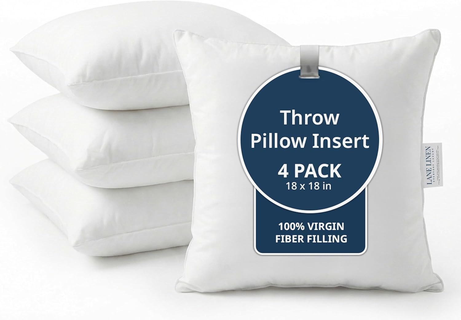 LANE LINEN 4 Pack 18×18 White Throw Pillow Inserts for Decorative Pillow Covers, Couch Pillows for Living Room, Fluffy Pillows for Bed | Solid White Inserts For Sofa Back Support – Fluffy Down Alternative Fill, Shape Retention, Everyday Home Decor Refresh