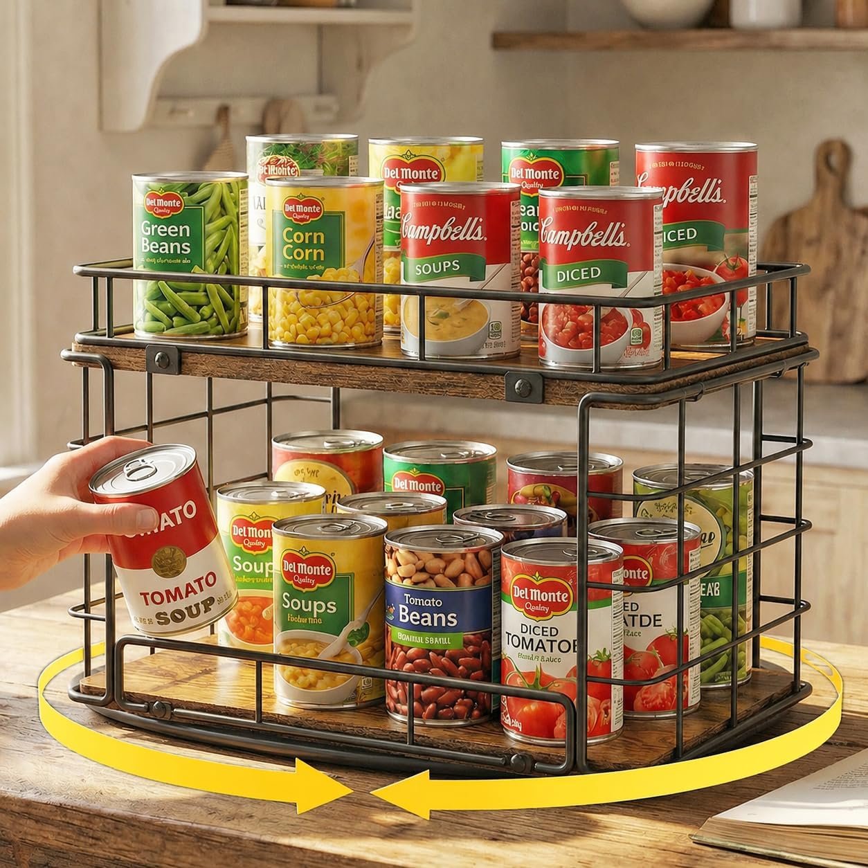 360° Rotating Lazy Susan Can Organizer for Pantry, Holds 26 Cans, Black | 2-Tier Soda Can Organizer, Metal Wire & Wood Shelf with Turntable Storage for Kitchen Cabinet, Pantry & Countertop