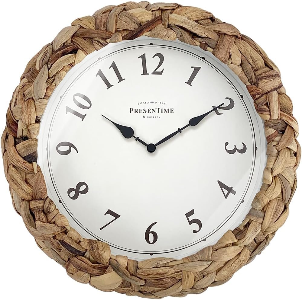 Presentime Farmhouse Series, Rustic Woven Clock | 10.5-Inch Natural Woven Water Hyacinth/Seagrass Wall Clock, Wall Art for Home & Farmhouse Decor