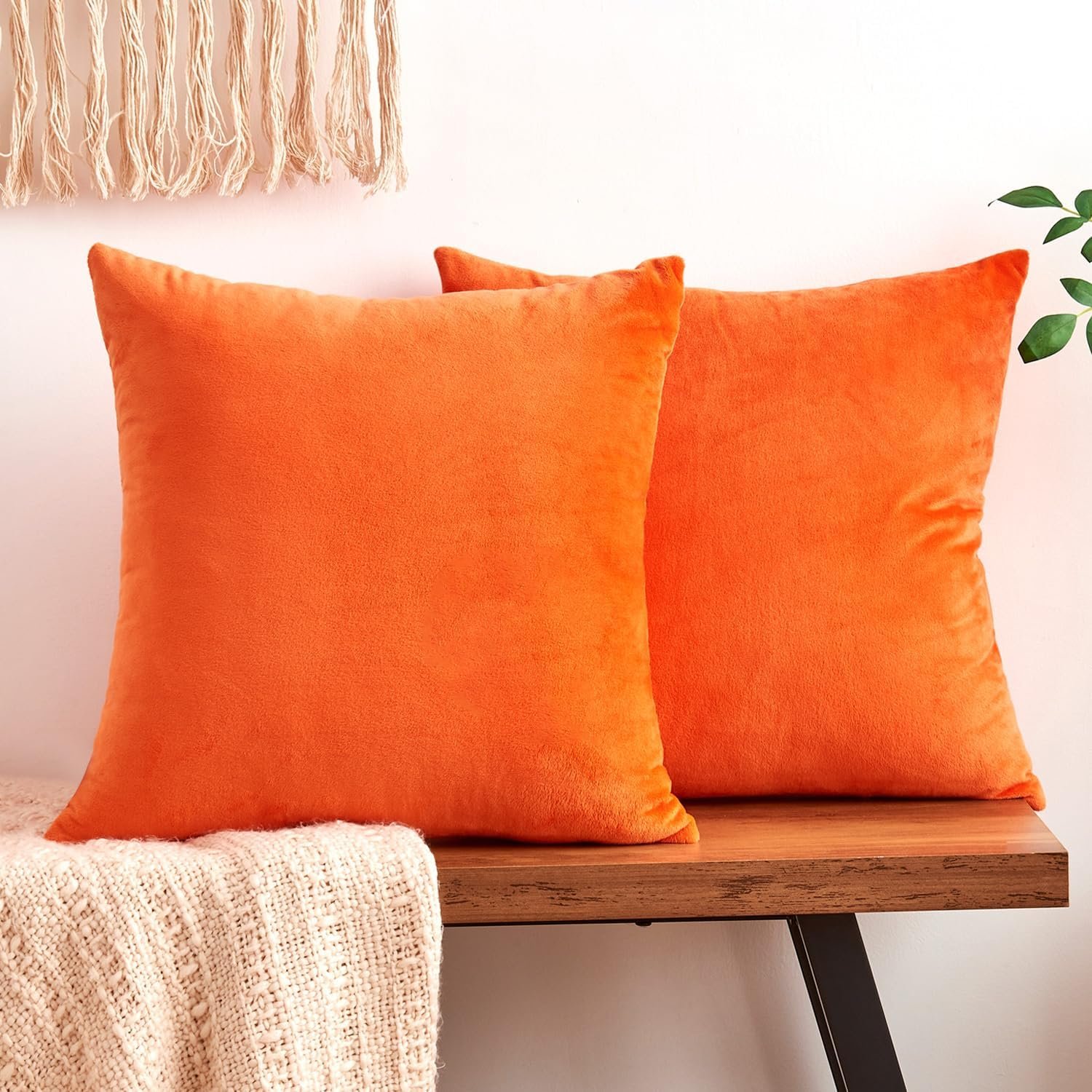 Fall Orange Throw Pillow Covers Decorative Velvet Set of 2 18×18 Inch Pillow Covers, Soft Burnt Orange Pillowcases for Couch Sofa Bed Living Room, Farmhouse Boho Decor, Accent Cushion Covers