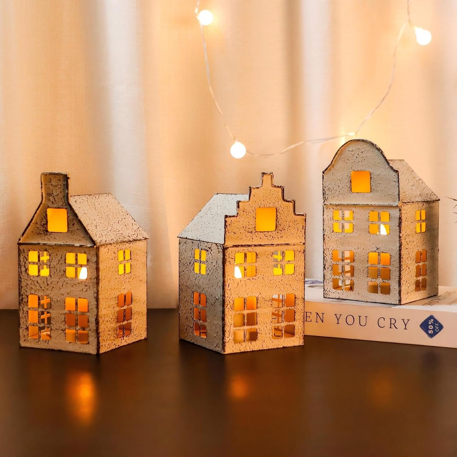 TRIROCKS Set of 3 Vintage Decorative Candle Lantern 6”H Candle Lantern Small House Metal Candle Holder Perfect for Garden Yard Patio Wedding Parties Events Indoors