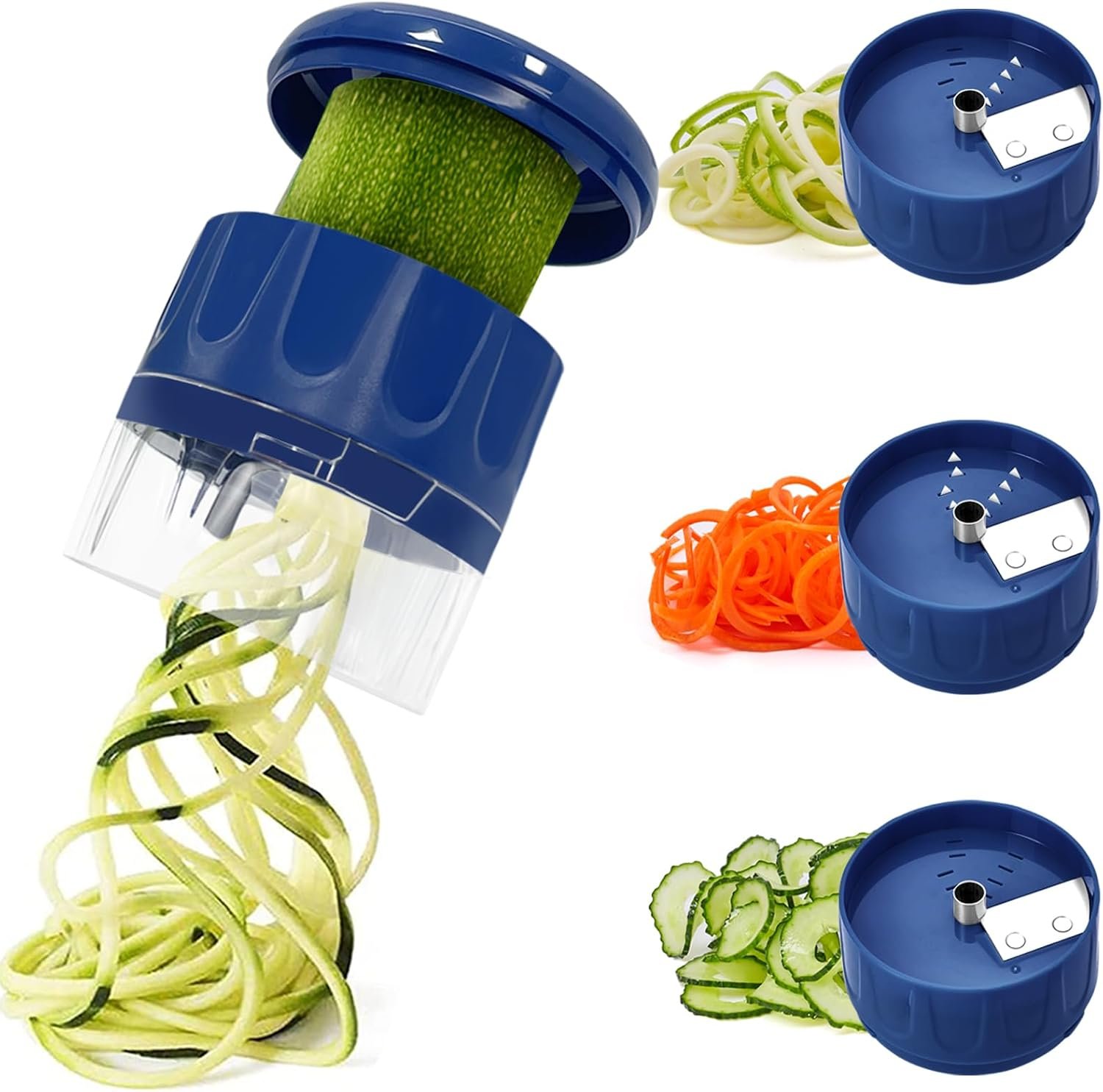 LHS Vegetable Spiralizer 3-in-1, Zucchini Spiralizer Noodle Maker, Adjustable Food-Grade Stainless Steel Blade, Zoodle Maker for Zucchini, Cucumber, Carrot, Veggie Pasta, Low-Carb Meals (Blue)