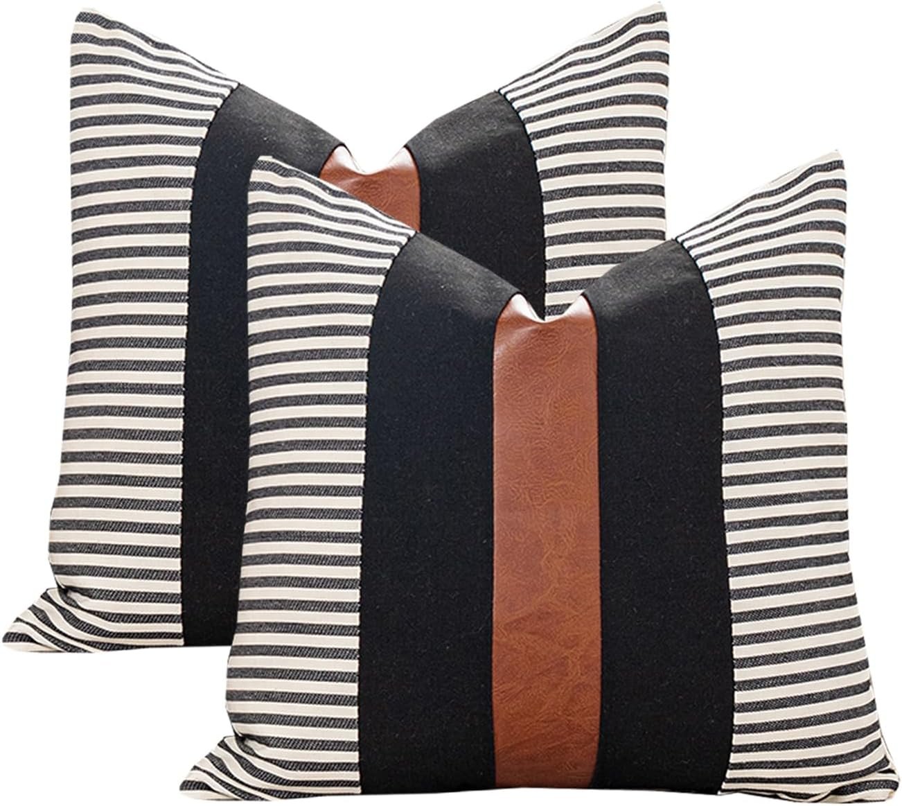 Set of 2 Boho Decorative Throw Pillow Covers 18×18 Inch Farmhouse Stripe Pillow Case,Faux Leather Modern Cushion Cover for Living Room Couch Bed Natural Decor Pillowcase Black and Brown