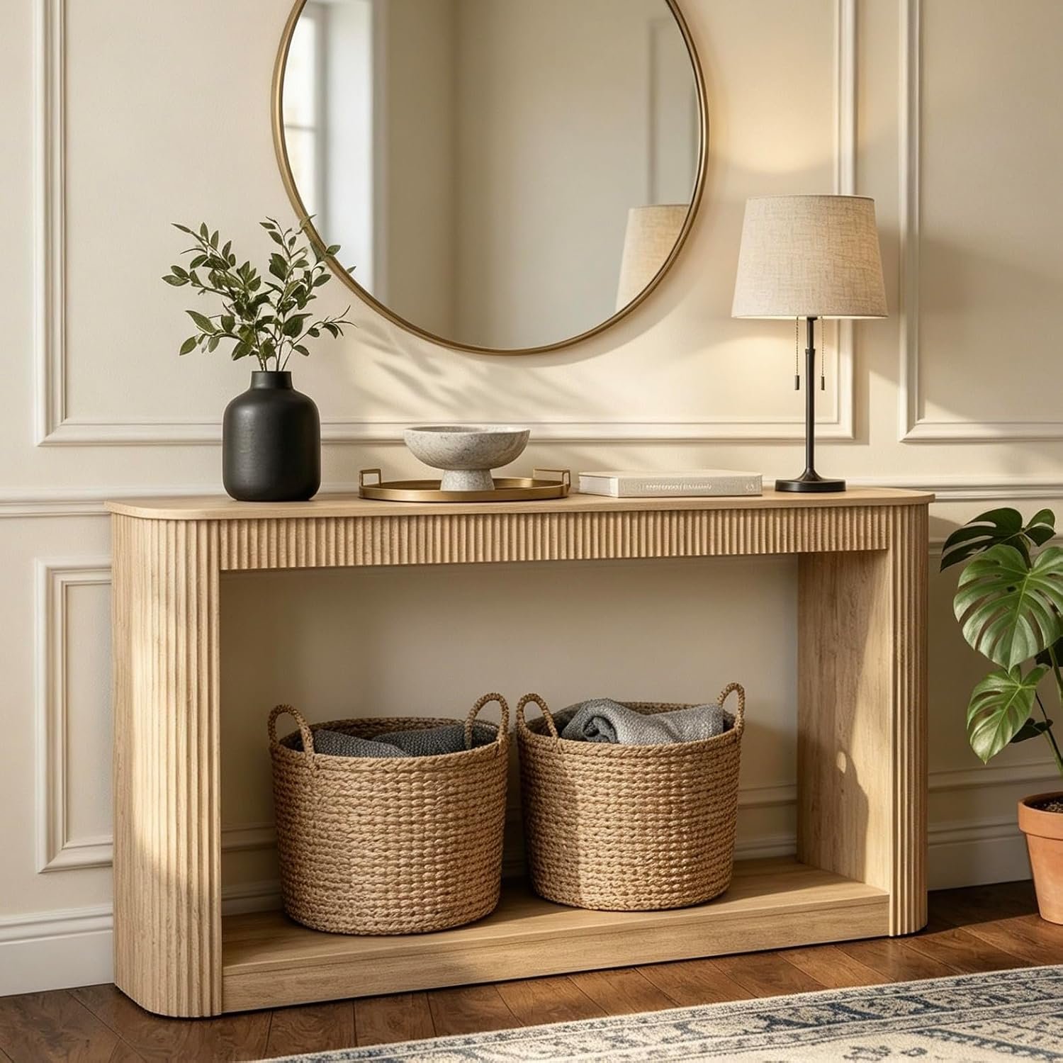 70.9” Fluted Extra Long Entryway Console Table, Natural | Wooden Sofa Table Behind Couch with Storage Shelf, 2-Tier U-Shaped Base Table for Living Room, Hallway, Foyer, Entrance