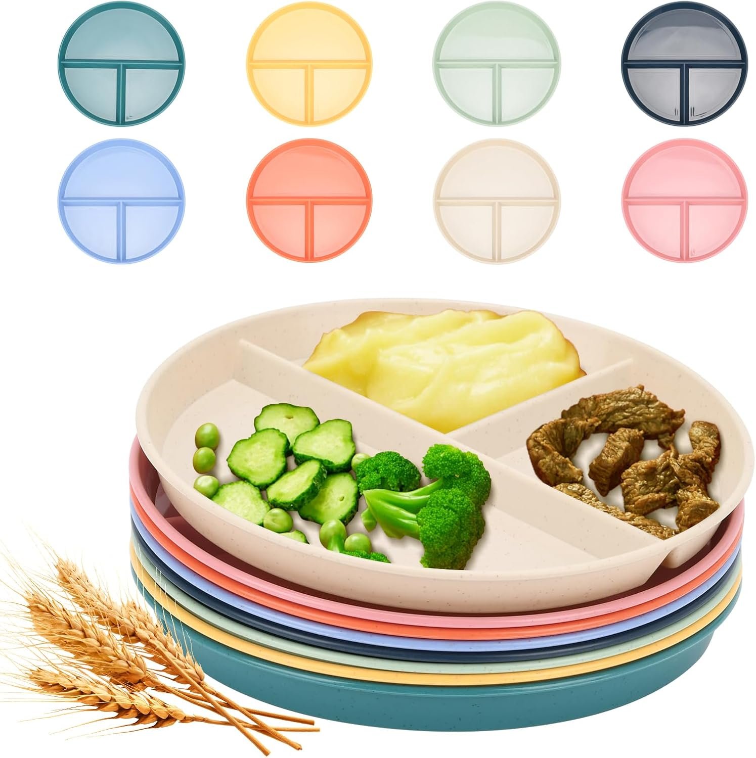 9-Inch Unbreakable Wheat Straw Divided Plates, Microwave & Dishwasher Safe | BPA-Free, 3-Compartment Divided Plates Portion Control Plates, Durable Dinnerware Sectioned Plates
