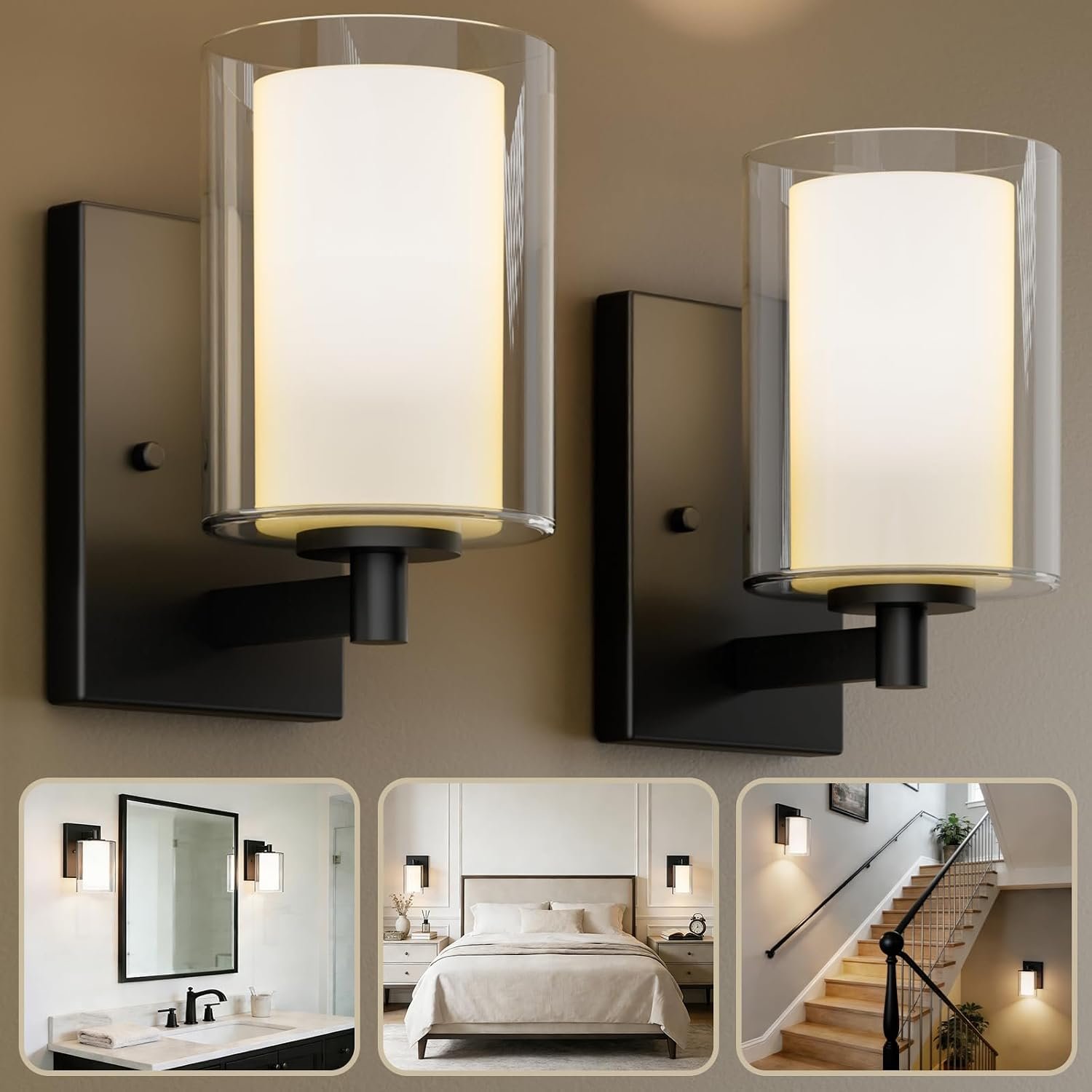 Kalium Wall Sconces Set of Two, Modern Matte Black Vanity Wall Lights | Double Clear Glass Shades With E26 Base, Farmhouse Wall Lights For Bathroom, Bedroom, Living Room, Mirror And Hallway.