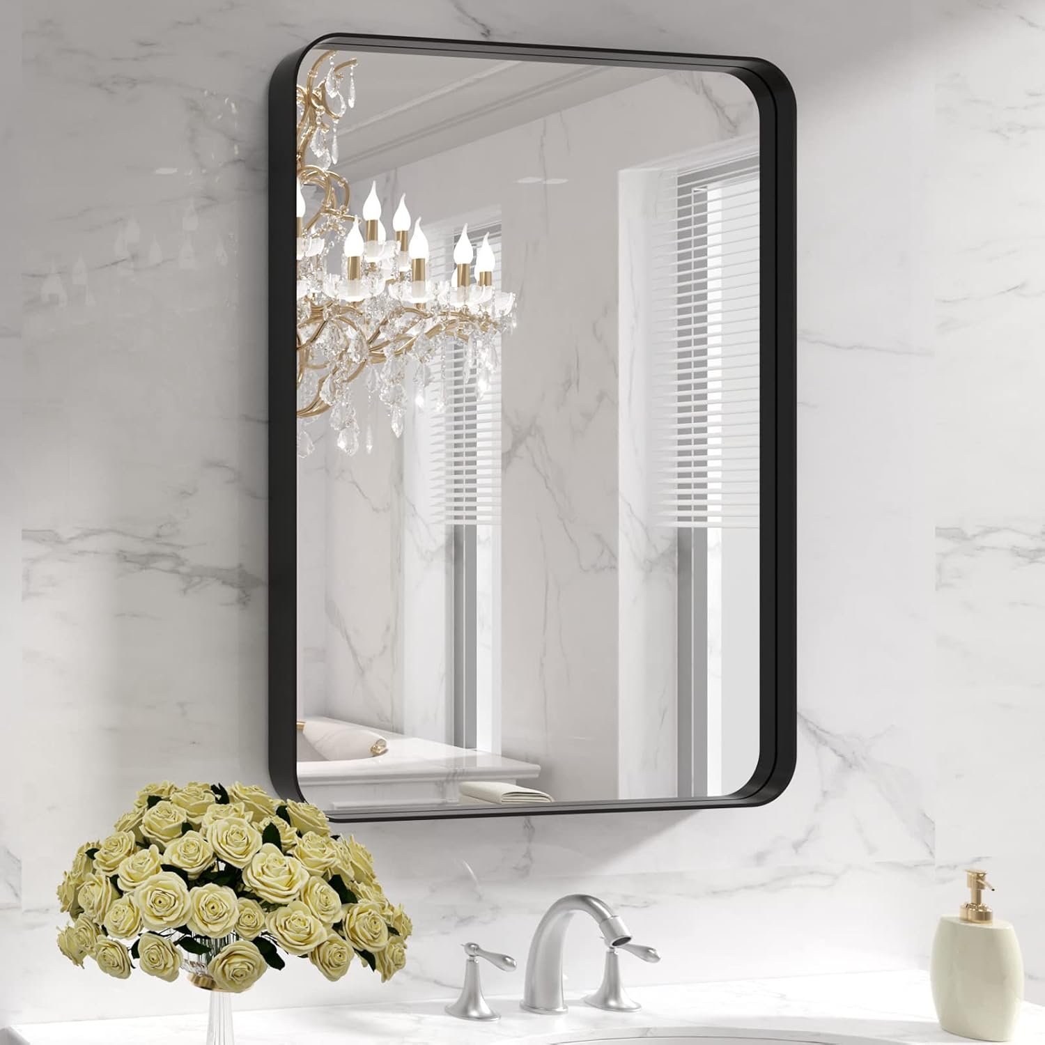 LOAAO 22X30 Inch Black Bathroom Mirror Metal Framed | Rounded Rectangle, Matte Black Bathroom Vanity Mirror, Anti-Rust, Hangs Horizontally or Vertically