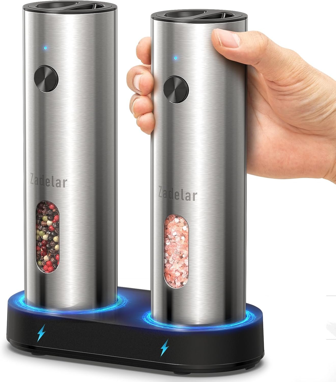 Zadelar Rechargeable Electric Salt and Pepper Grinder Set with USB-C Charging Base, Stainless Steel Automatic Salt and Pepper Shakers, Adjustable Coarseness, LED Light, Large Capacity, Kitchen Gift