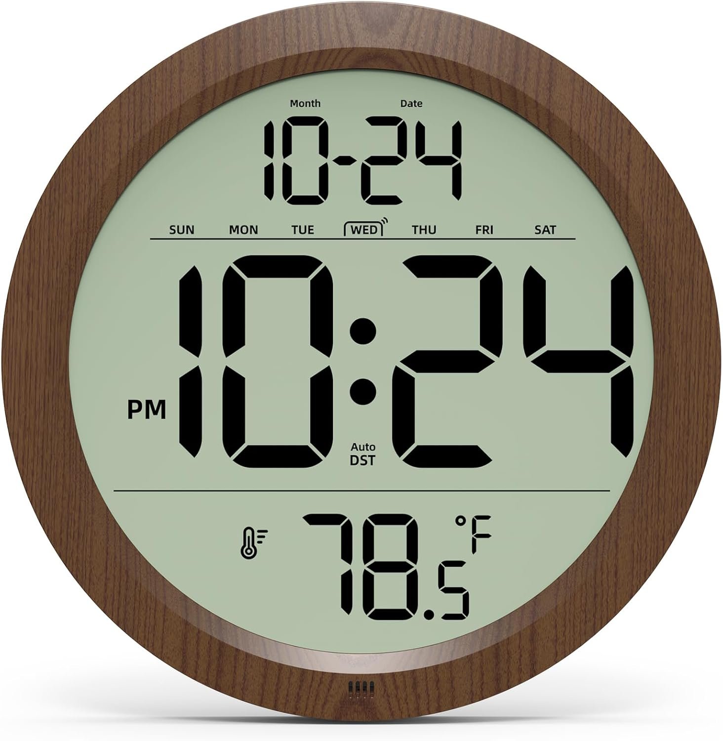 Digital Wall Clock Battery-Operated, 8 Inch Small Decorative Modern Wood Wall Clock with Date, Temperature, Auto-DST, Silent Electric Wall Clock for Bedroom, Living Room, Kitchen, Office, Farmhouse