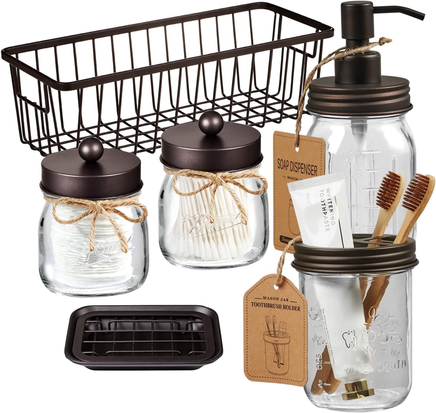 SheeChung Mason Jar Bathroom Accessories Set,6Pcs Rustic Bathroom Set,Brown | Glass Bathroom Accessory Set, Soap Dispenser, Toothbrush Holder, 2 Qtip Holders,Soap Dish,Wire Basket,Western Farmhouse Decor