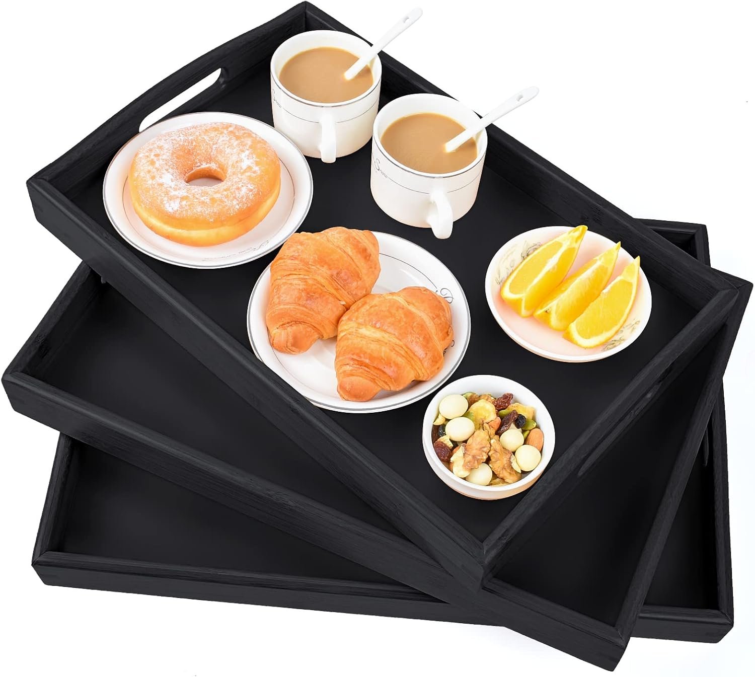 3 Pack Bamboo Serving Trays with Handles, Wooden Food Trays (Black | Bamboo Food Trays, Perfect For Breakfast In Bed, Sofa Dining, Serving Drinks, Snacks, And Everyday Organization