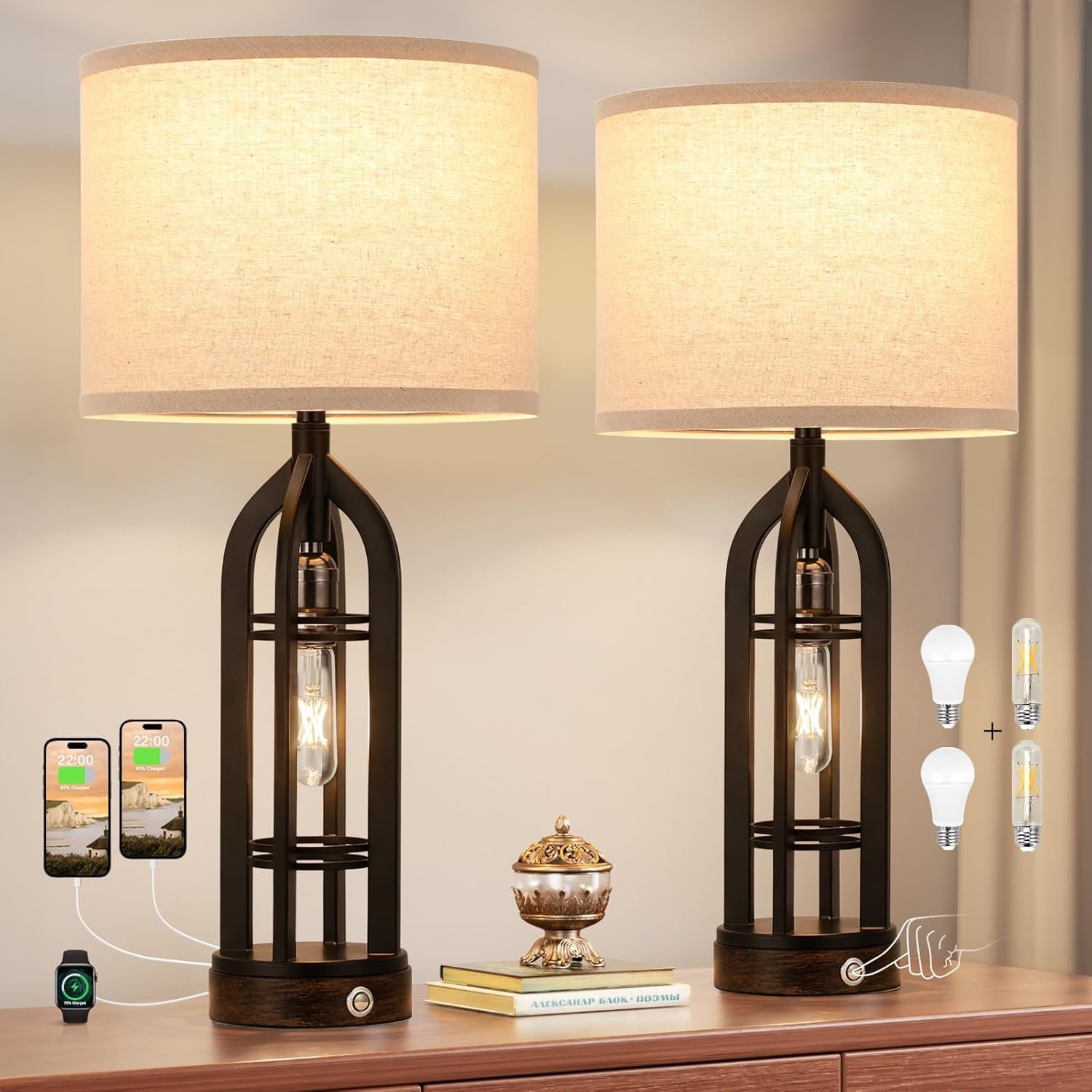 Seealle Table Lamps for Living Room, 3 Way Dimmable Farmhouse Lamp Set of 2 | Touch, Lamps with USB Ports and Outlets for Bedroom, Livingroom, Nightstand, End Table, Black, Bulb Included
