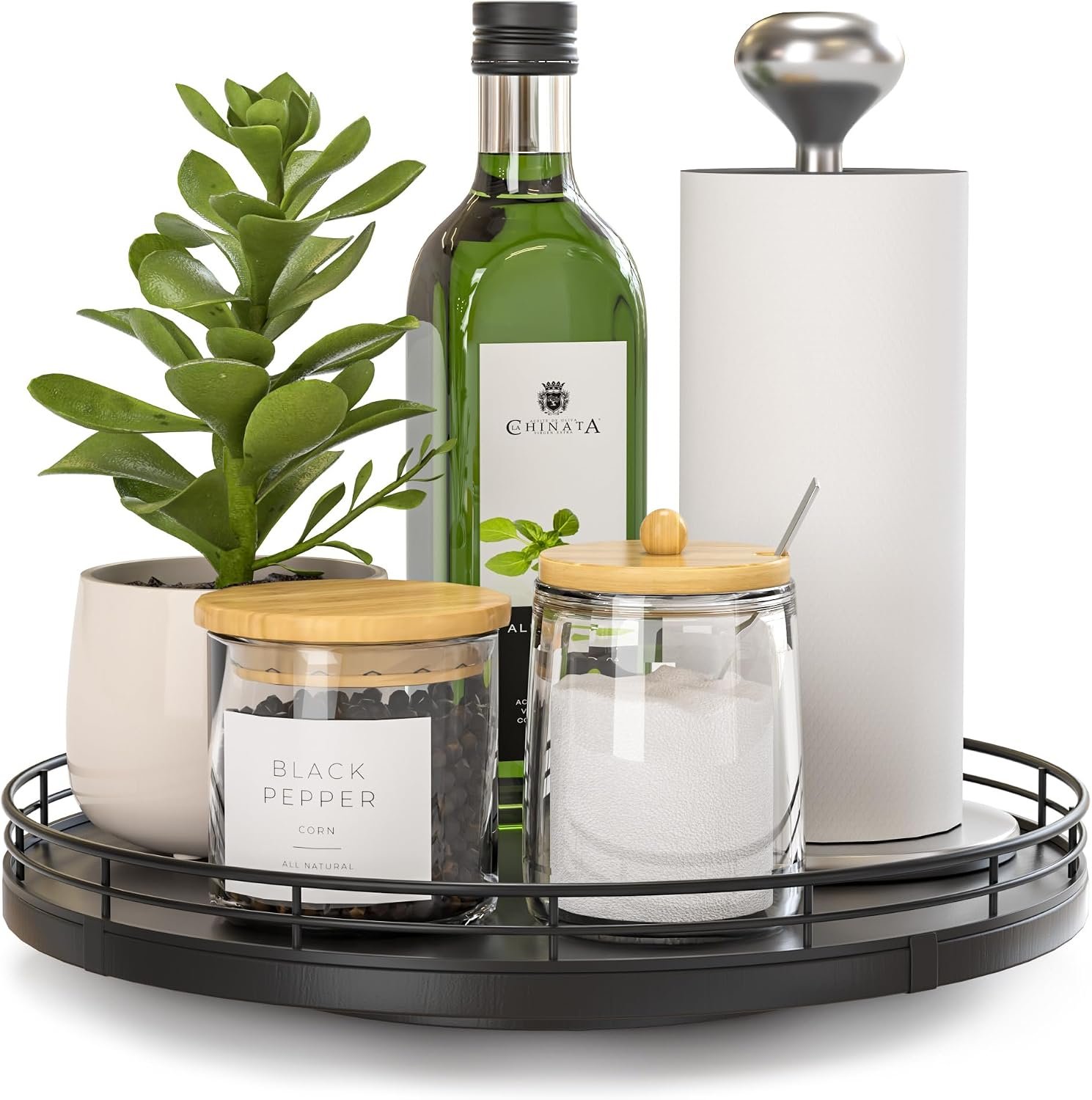 Oroyutor 10-Inch Oak Lazy Susan Countertop Organizer with Black Metal Rail | Rotating oak tray organizes spices, toiletries and decor on kitchen counters, bathroom vanities, dining and coffee tables.