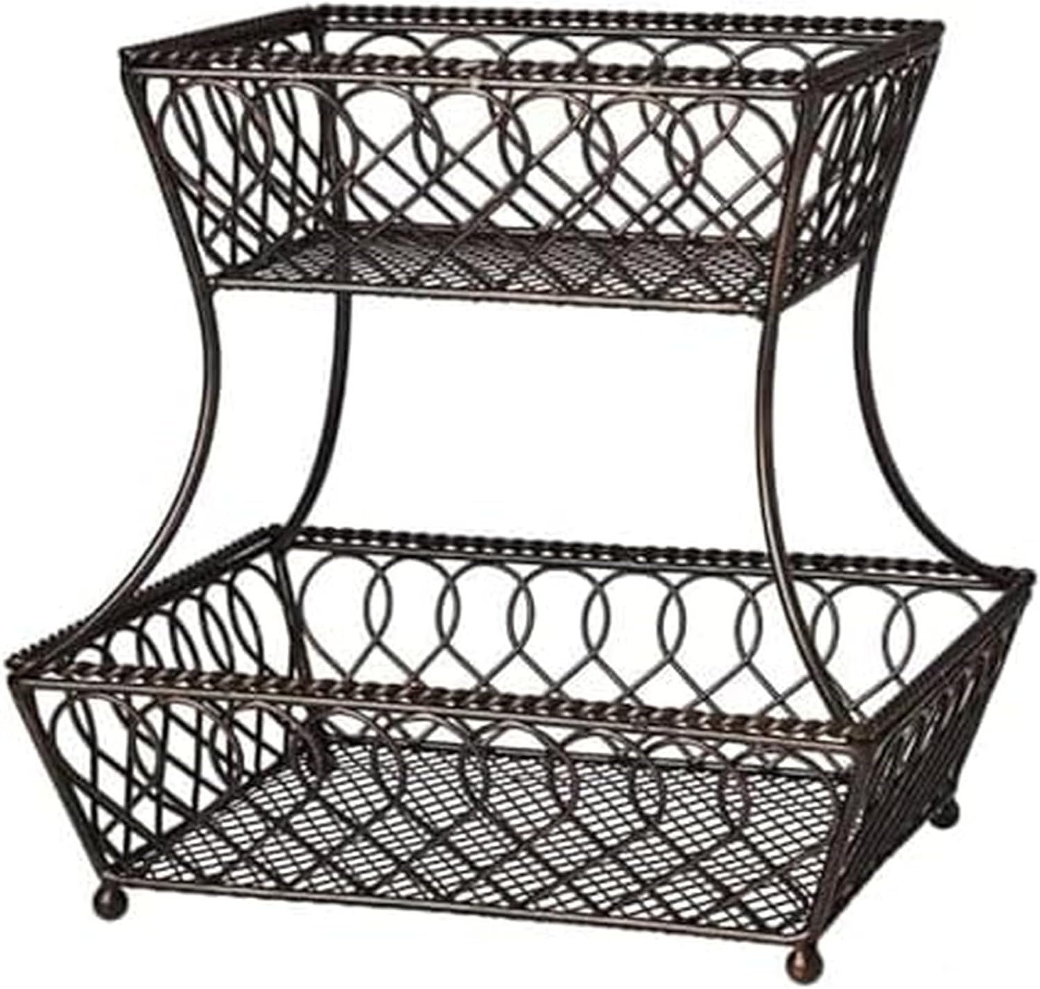 Gourmet Basics by Mikasa Loop and Lattice 2-Tier Rectangular Metal Countertop Basket, 14.25 x 12 Inches, Antique Black Finish, Kitchen Fruit and Bread Storage Organizer