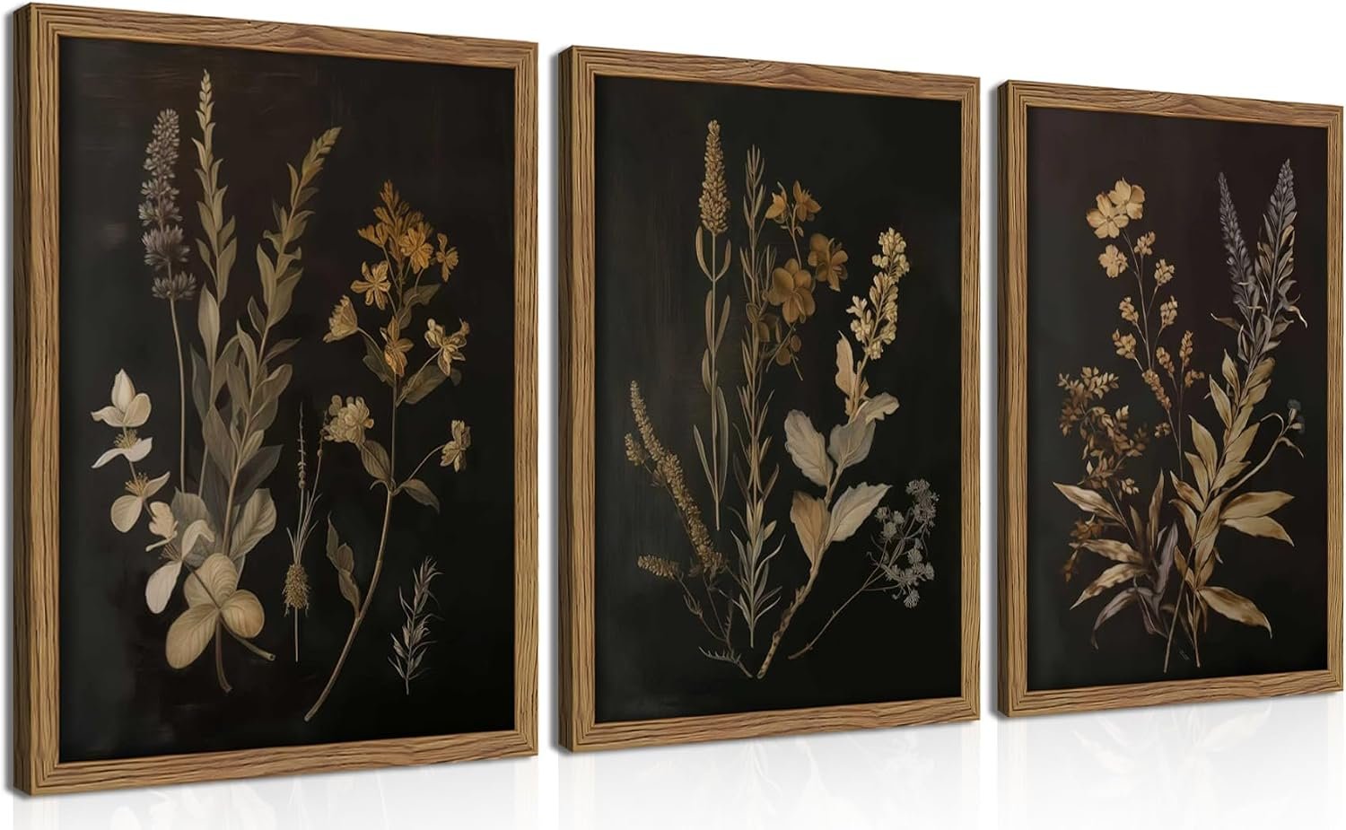 Framed Dark Botanical Wall Art Set of 3, Black Moody Floral Wall Decor Paintings, Dark Academia Decor, Vintage Flower Artwork Prints Pictures for Living Room Bedroom Bathroom 16×24 Inch